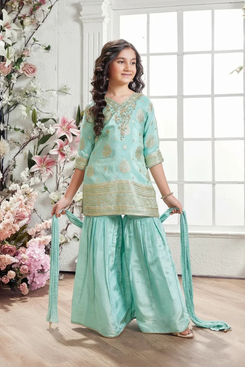 Aqua Zari Work Sharara Set for Girls | Mokshaa