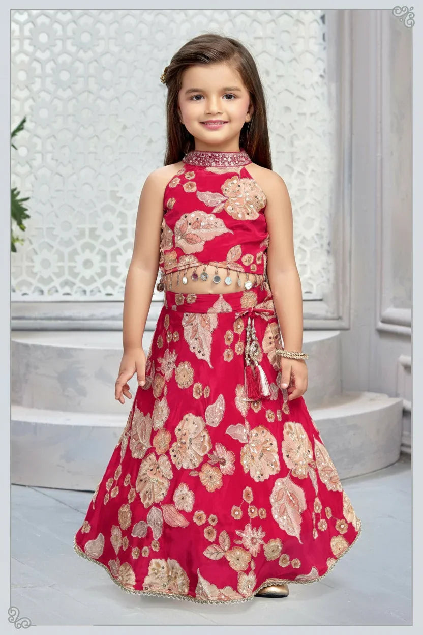 Bright Red Floral Embroidered Lehenga Set | Mokshaa
