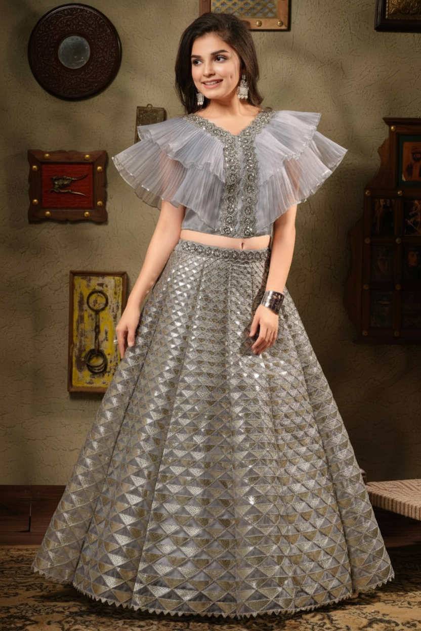 Powder Blue Embroidered Lehenga Set for Girls