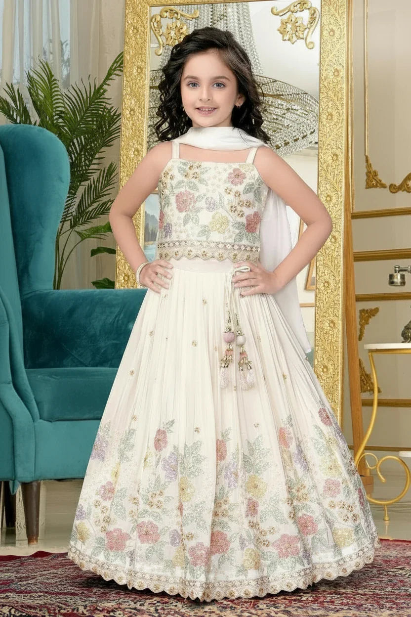 Cream Floral Embroidered Lehenga Set for Girls | Mokshaa
