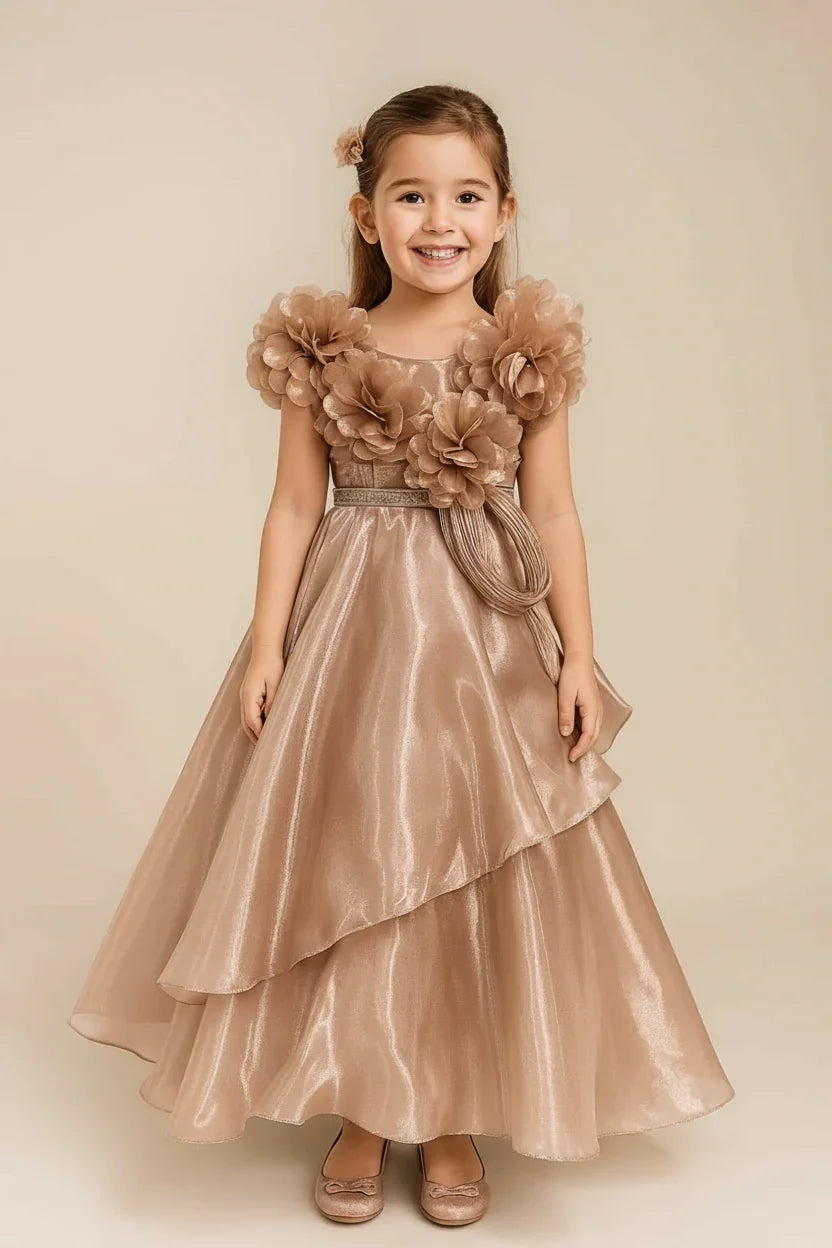 Chocolate Brown Layered Gown with 3D Floral Shoulder Detailing | Mokshaa