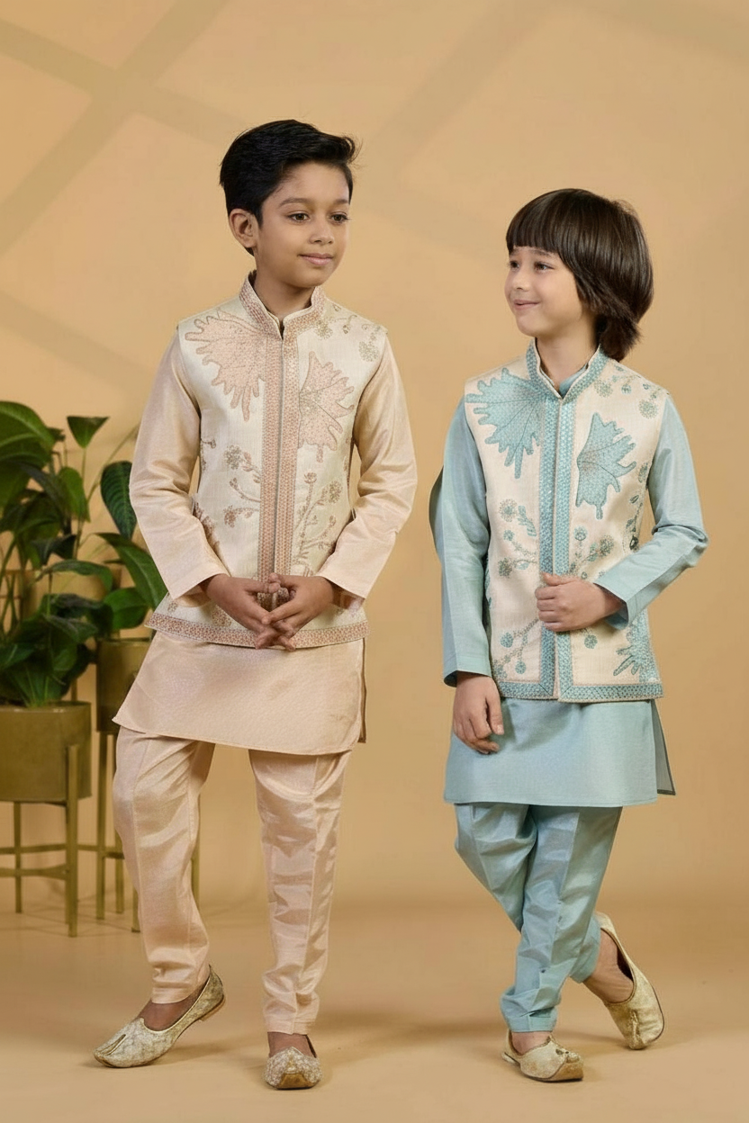 Powder Blue Kurta Set with Embroidered Ivory Jacket
