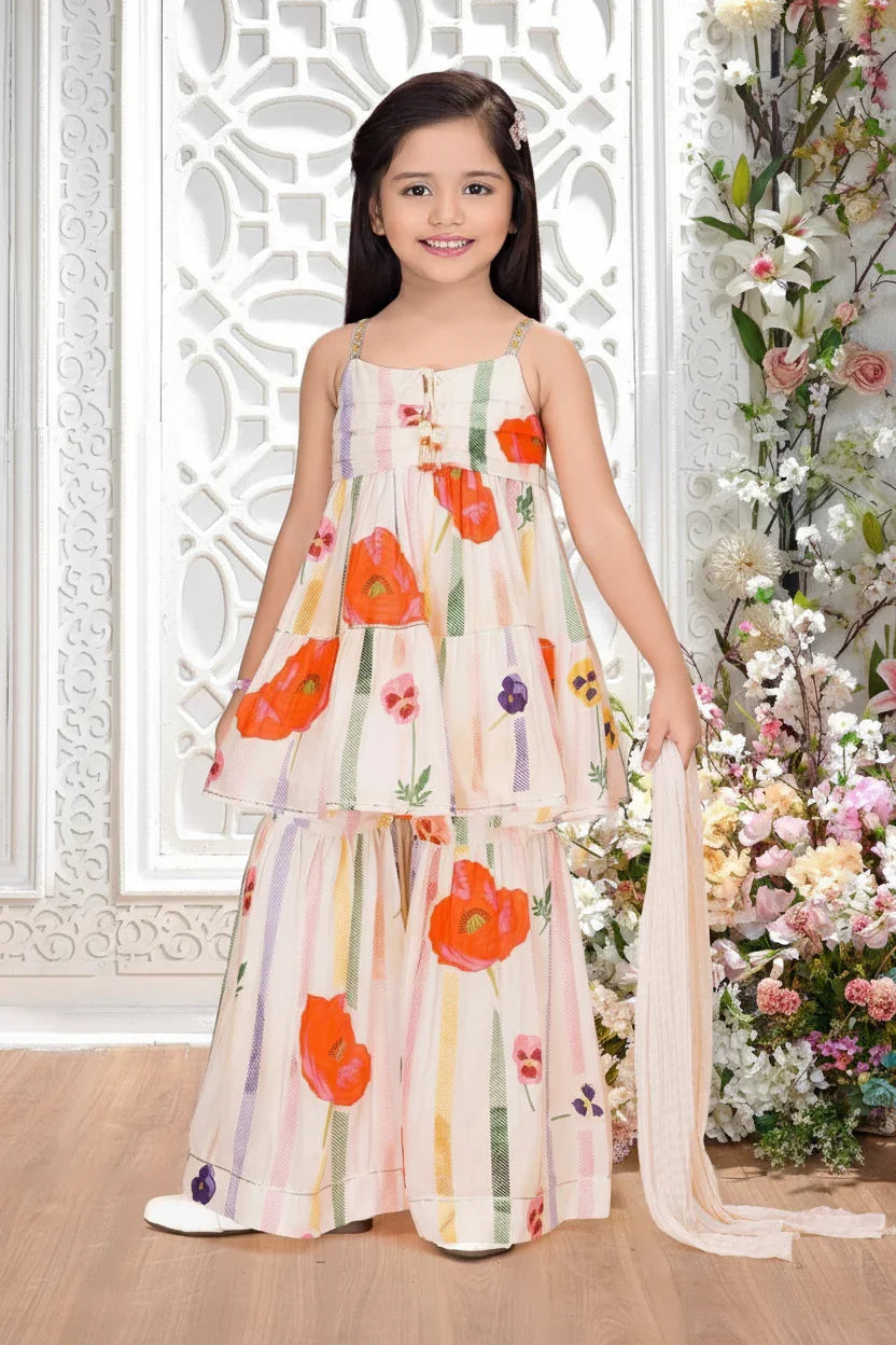 Cream Floral Printed Sharara Set for Girls | Mokshaa