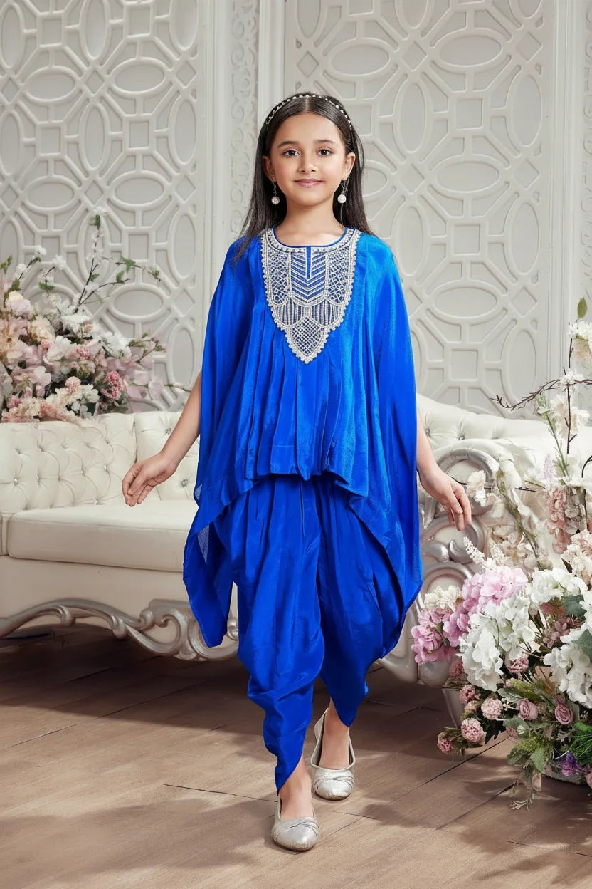 Royal Blue Embroidered Cape Top with Dhoti Pants | Mokshaa