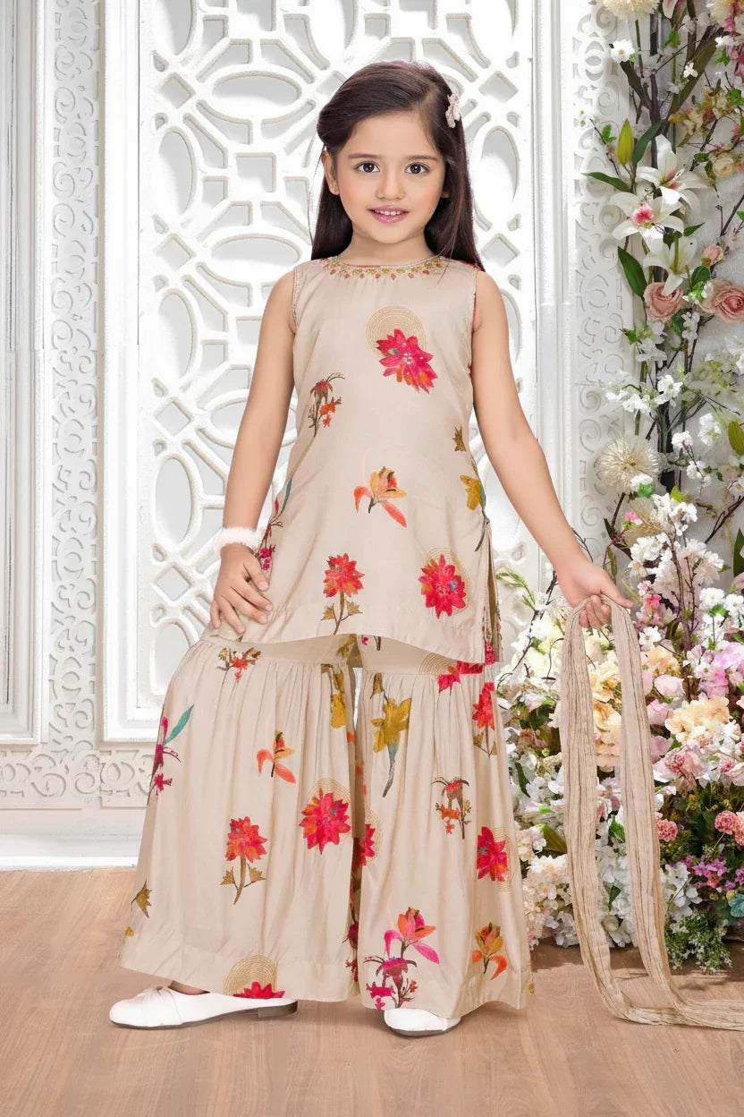 Cream Floral Print Sharara Set for Girls | Mokshaa