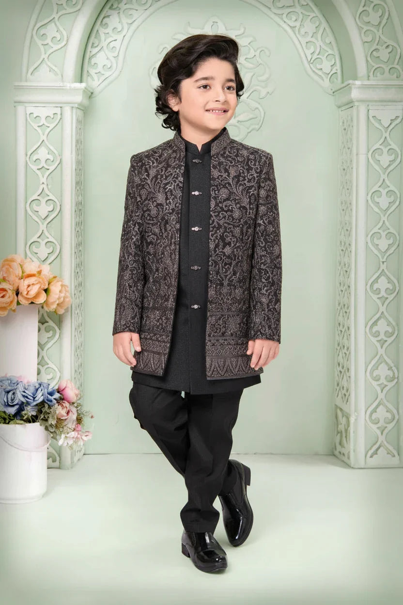 Black Jacquard Sherwani Set for Boys | Mokshaa
