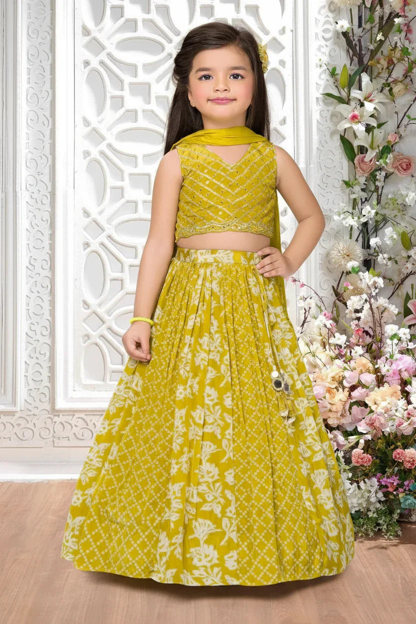 Lime Green Printed Lehenga with Embroidered Blouse | Mokshaa