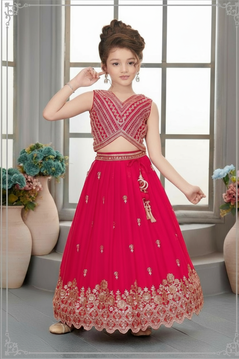 Red Embroidered Lehenga Set for Girls