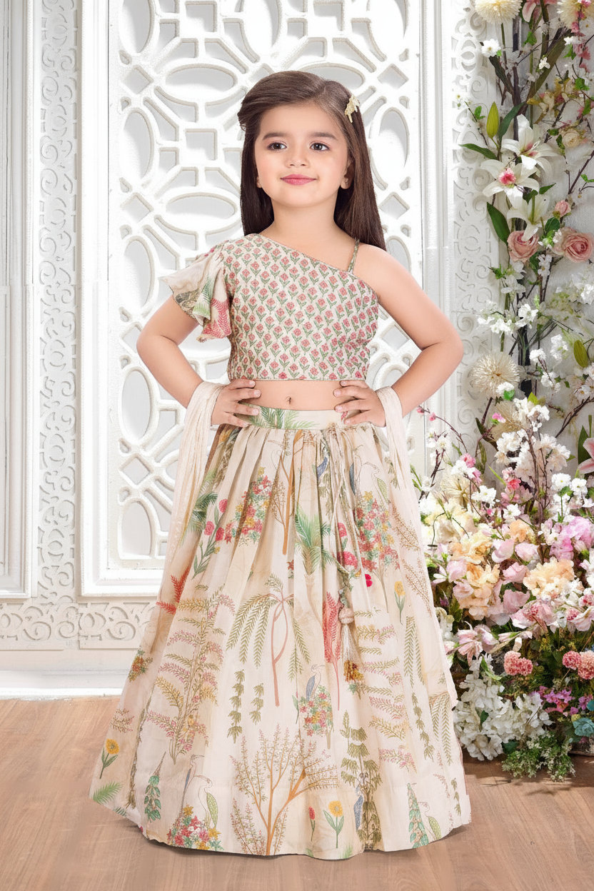 Cream Printed Lehenga Set for Girls