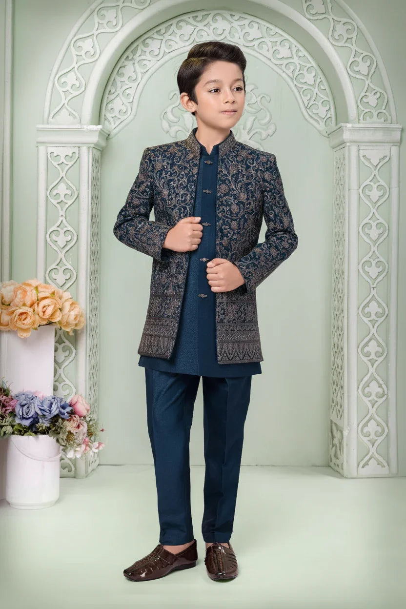 Navy Blue Jacquard Sherwani Set for Boys | Mokshaa