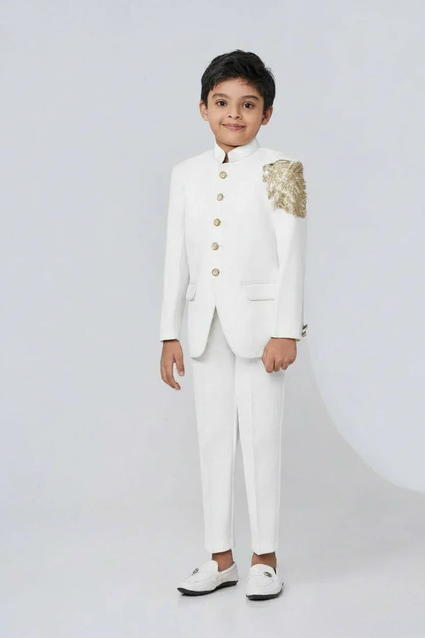 White Jodhpuri Suit with Gold Shoulder Embellishment | Mokshaa