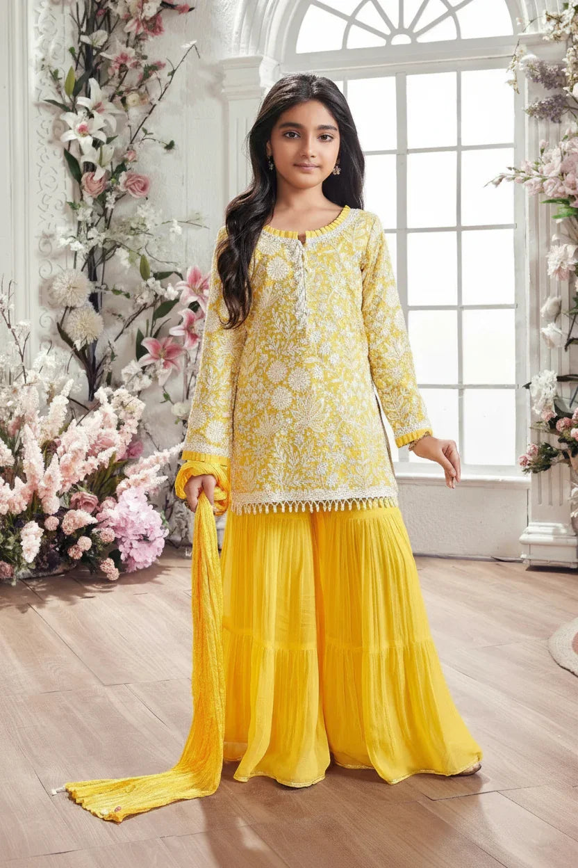Sunshine Yellow Embroidered Kurta with Sharara Pants | Mokshaa