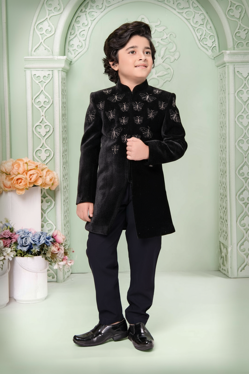 Black Velvet Embroidered Set for Boys