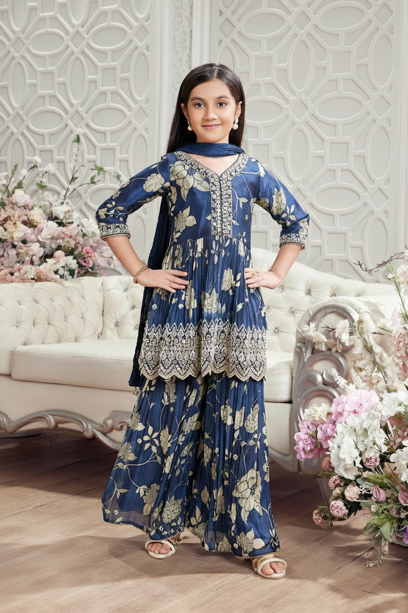 Navy Blue Floral Mirror Work Sharara Set for Girls