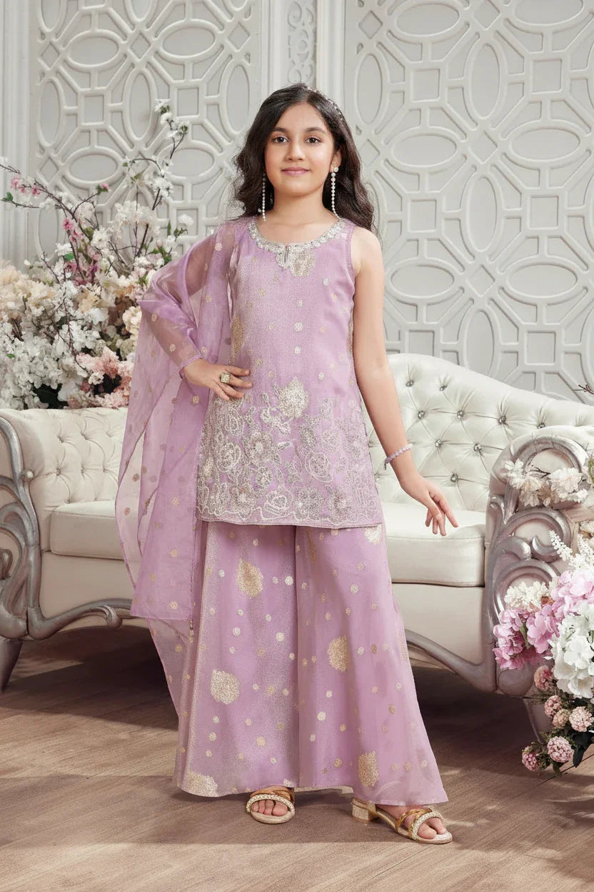 Lilac Embroidered Kurta with Palazzo Pants | Mokshaa