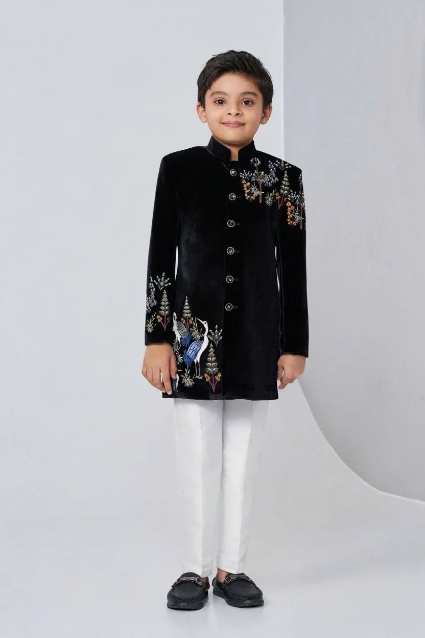 Black Velvet Jodhpuri Set with Multicolor Embroidery | Mokshaa