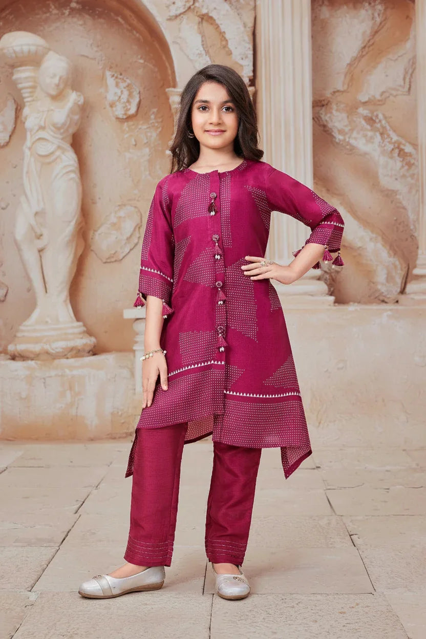 Wine Printed Kurta Pant Set for Girls | Mokshaa