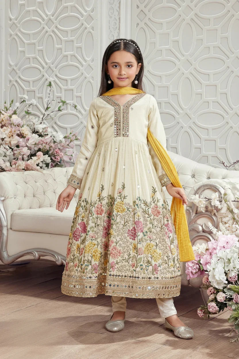 Girls Fawn Floral Embroidered Anarkali Set with Mirror Work | Mokshaa