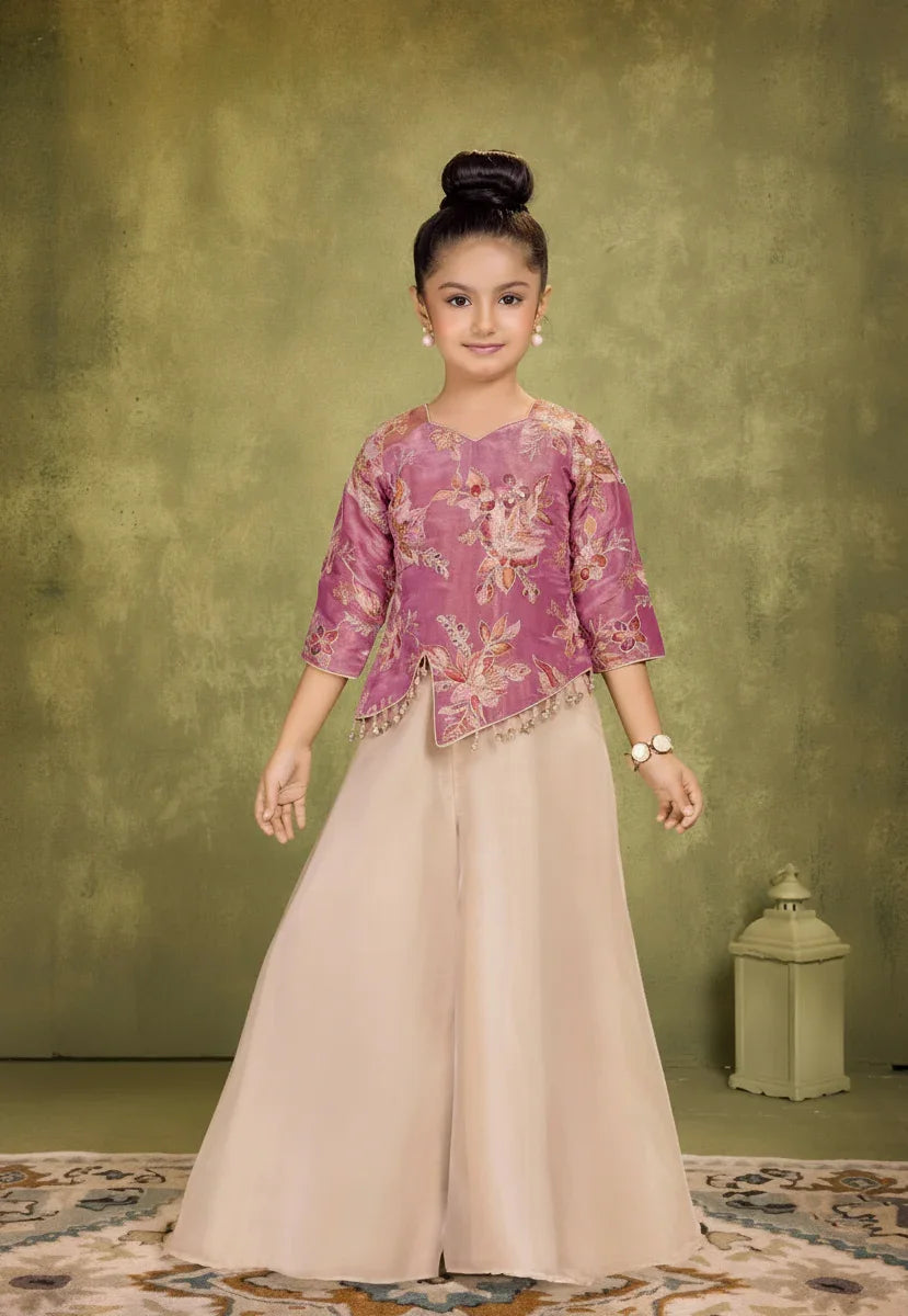 Pink Embroidered Peplum Top with Beige Palazzo Pants | Mokshaa