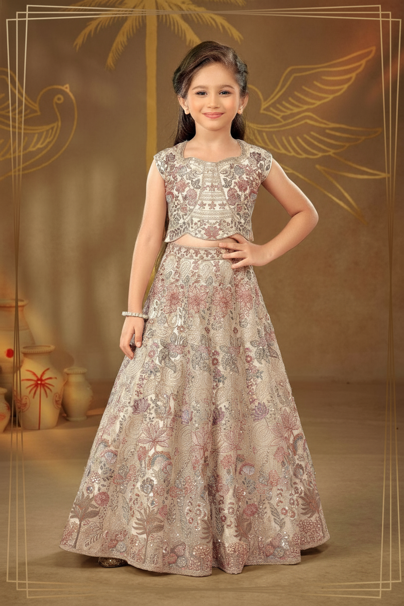 Beige Embroidered Lehenga Set for Girls