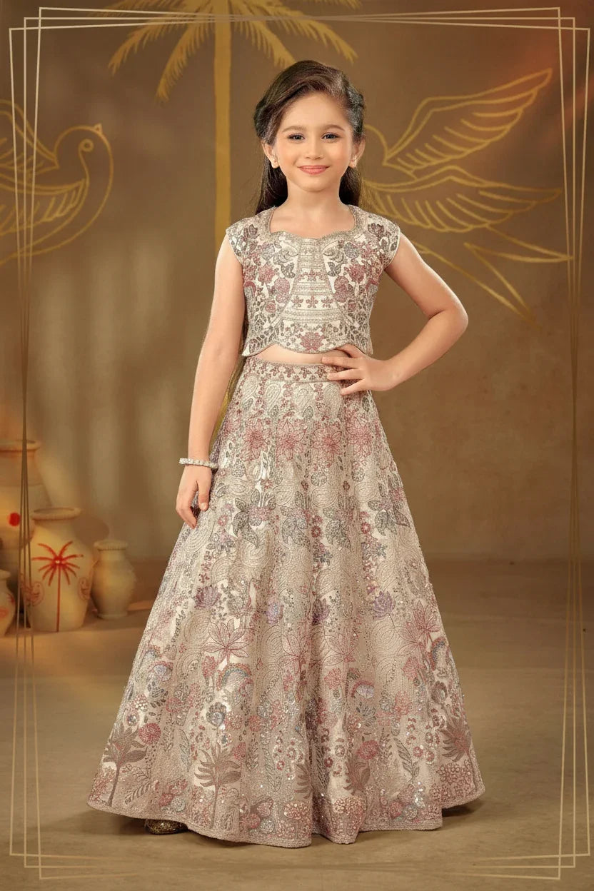 Beige Embroidered Lehenga Set for Girls | Mokshaa