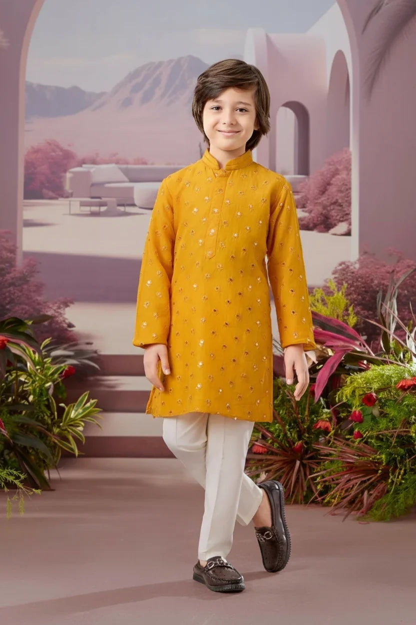 Mustard Embroidered Kurta Set | Mokshaa