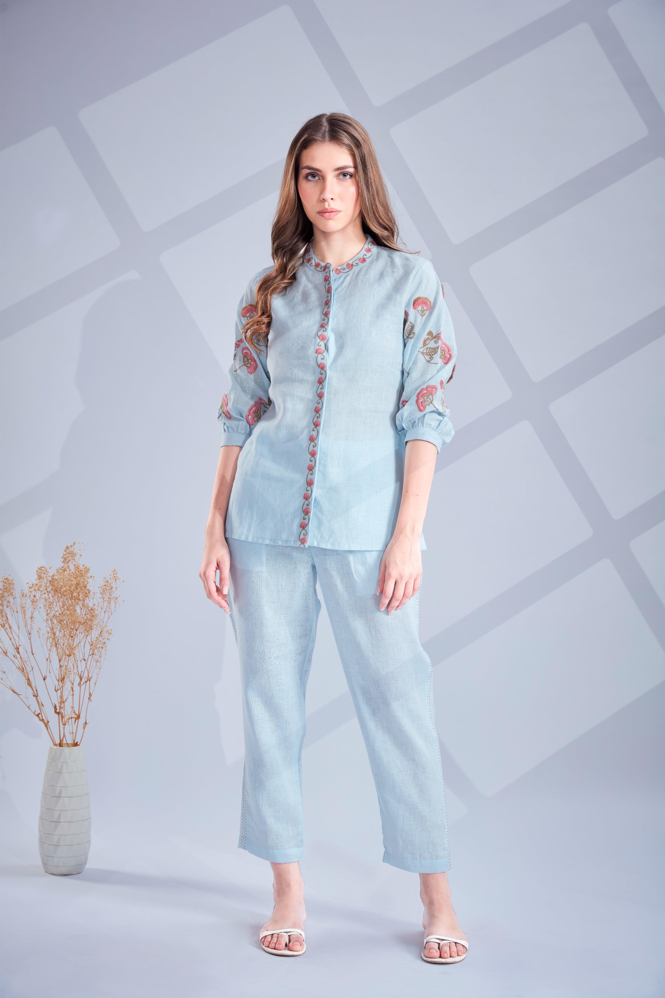 Powder Blue Linen Co-ord Set.