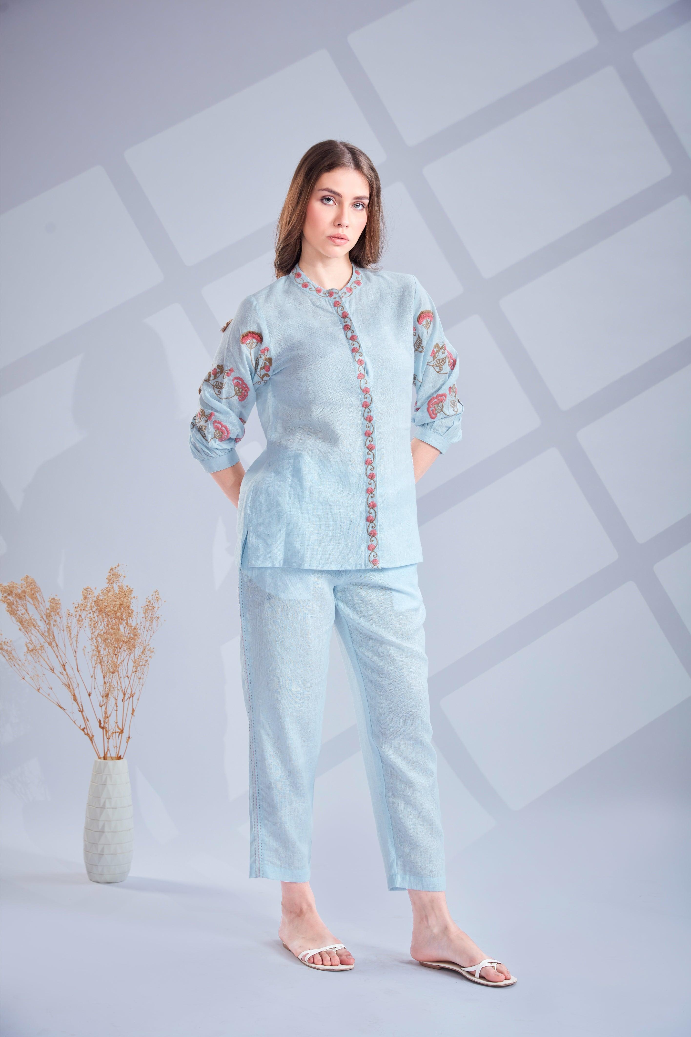 Powder Blue Linen Co-ord Set.