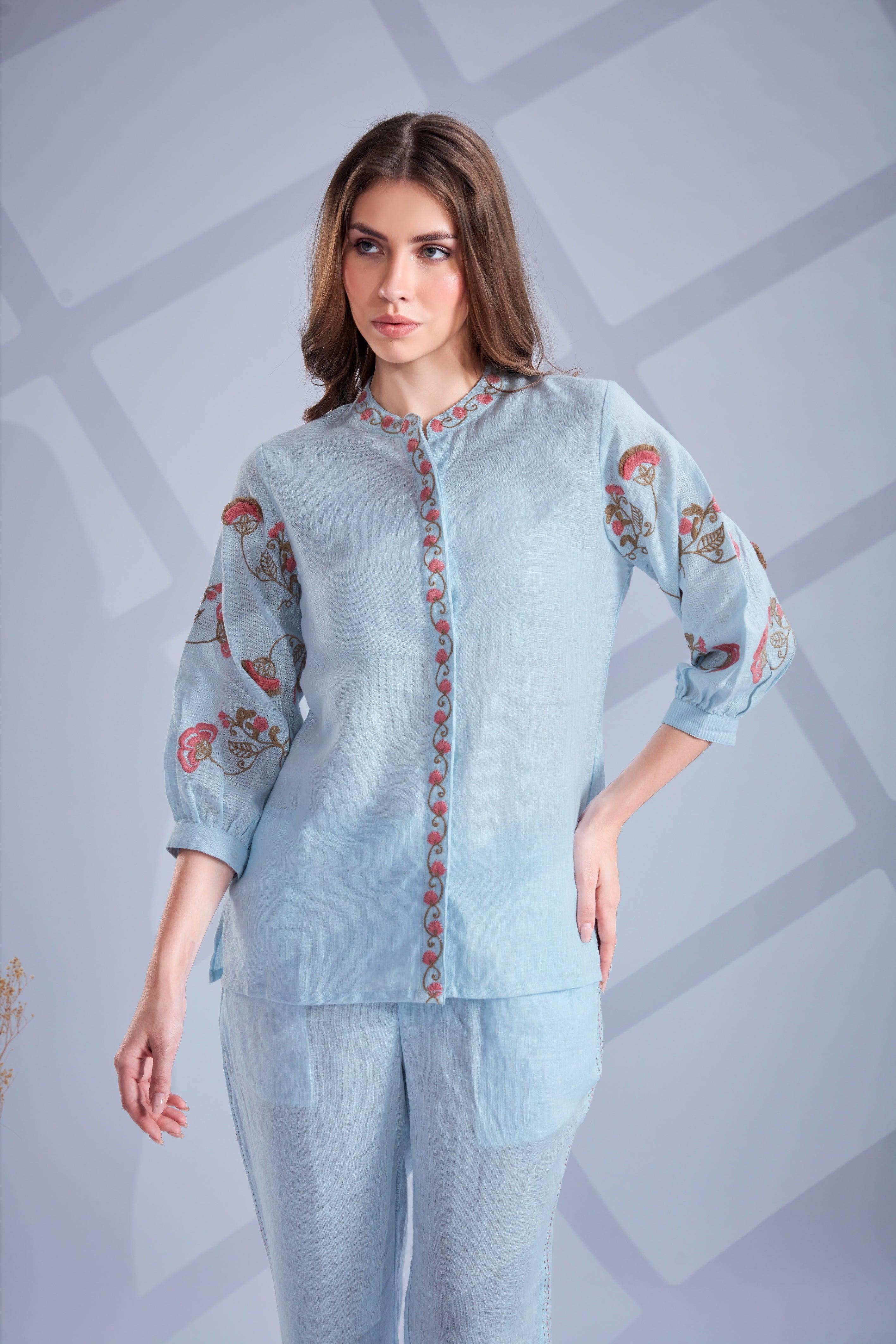 Powder Blue Linen Co-ord Set.