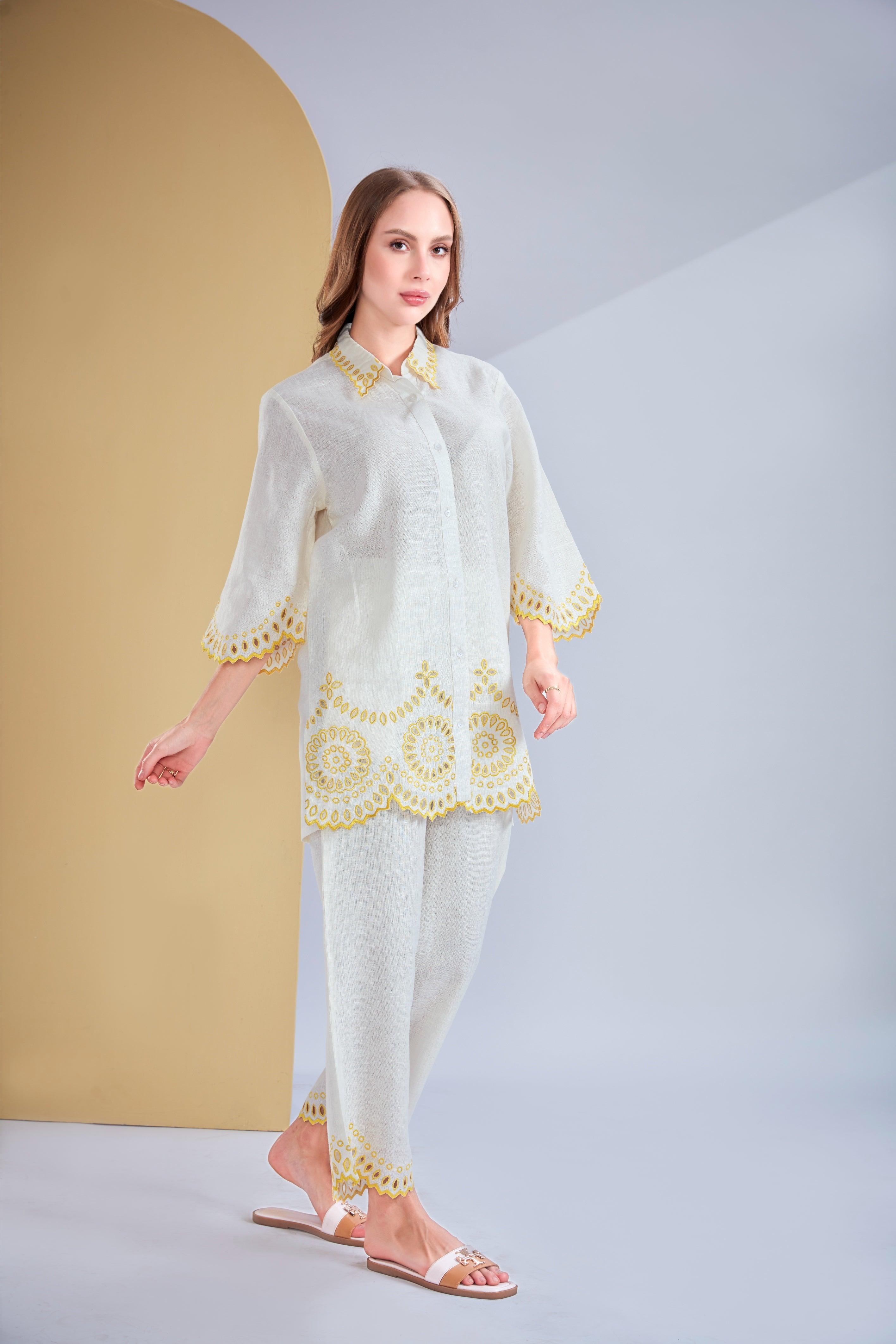 White Linen Co-ord Set with Yellow Cutwork Embroidery.