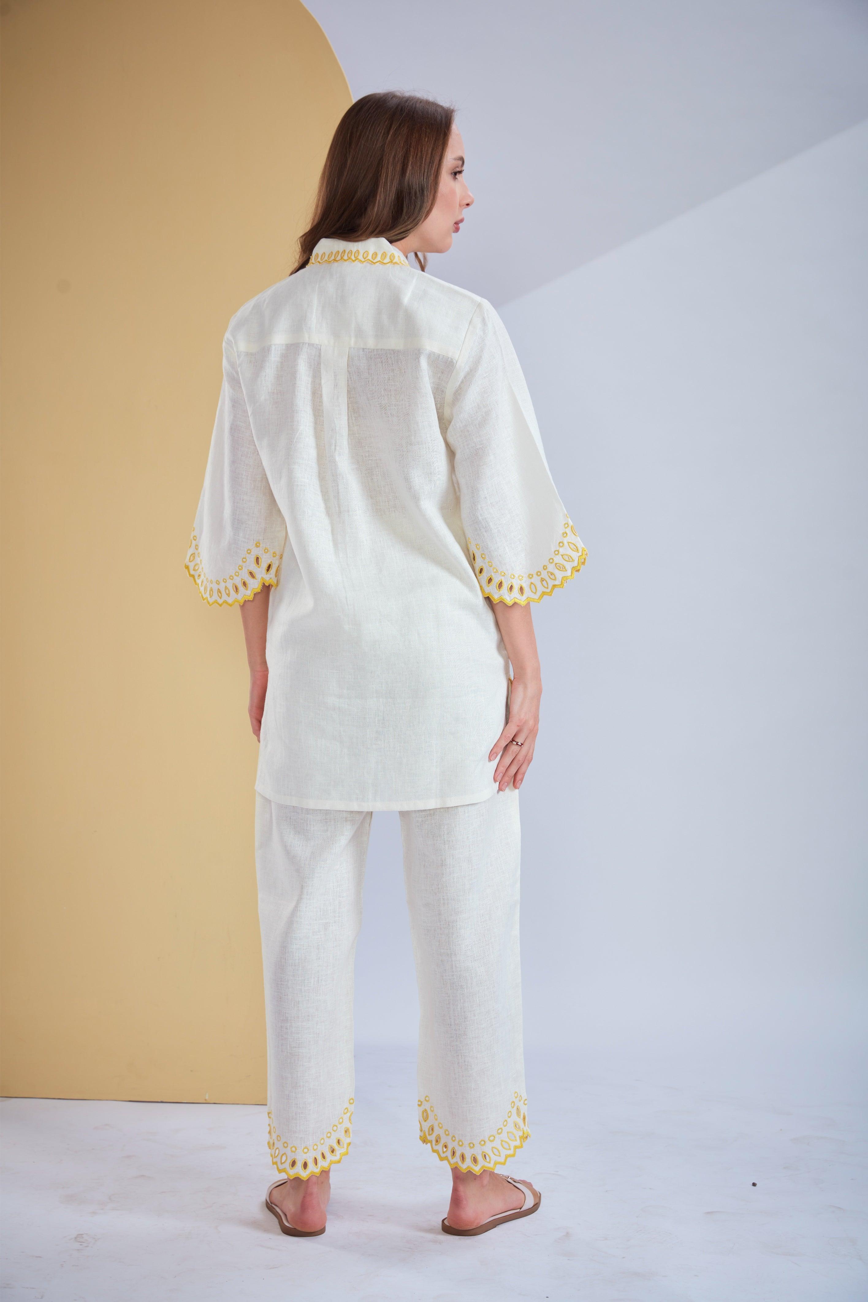 White Linen Co-ord Set with Yellow Cutwork Embroidery.