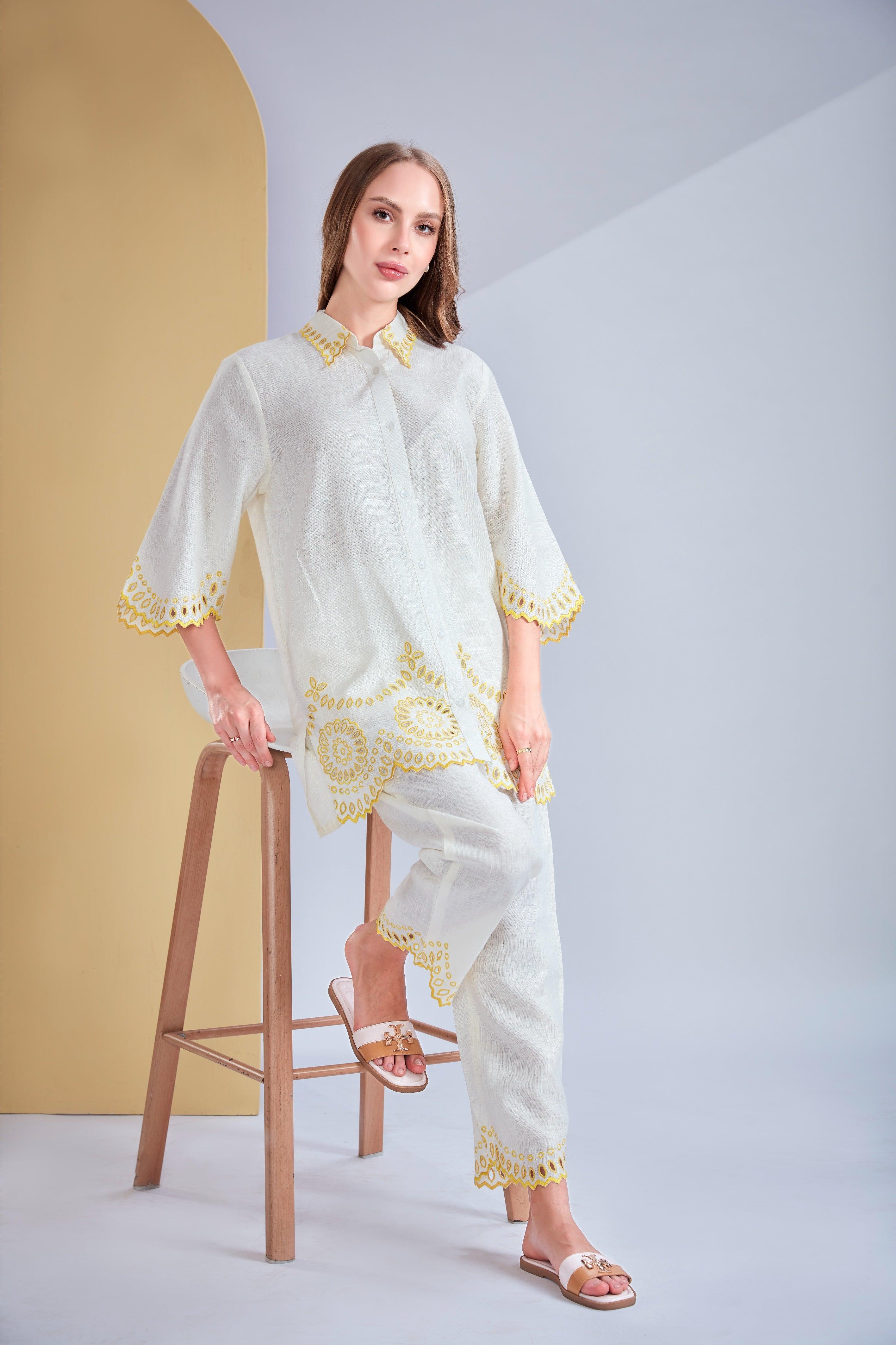 White Linen Co-ord Set with Yellow Cutwork Embroidery.