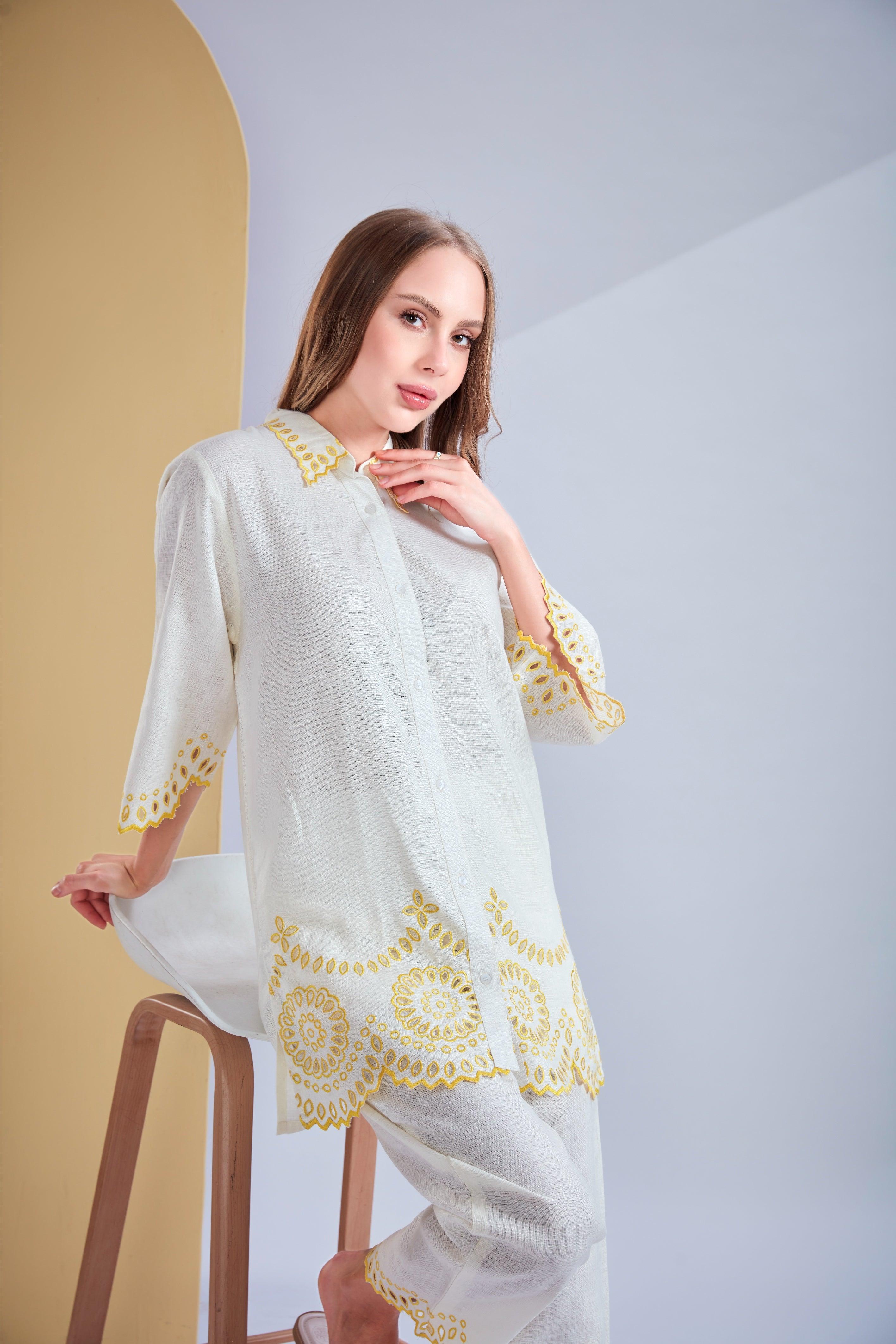 White Linen Co-ord Set with Yellow Cutwork Embroidery.