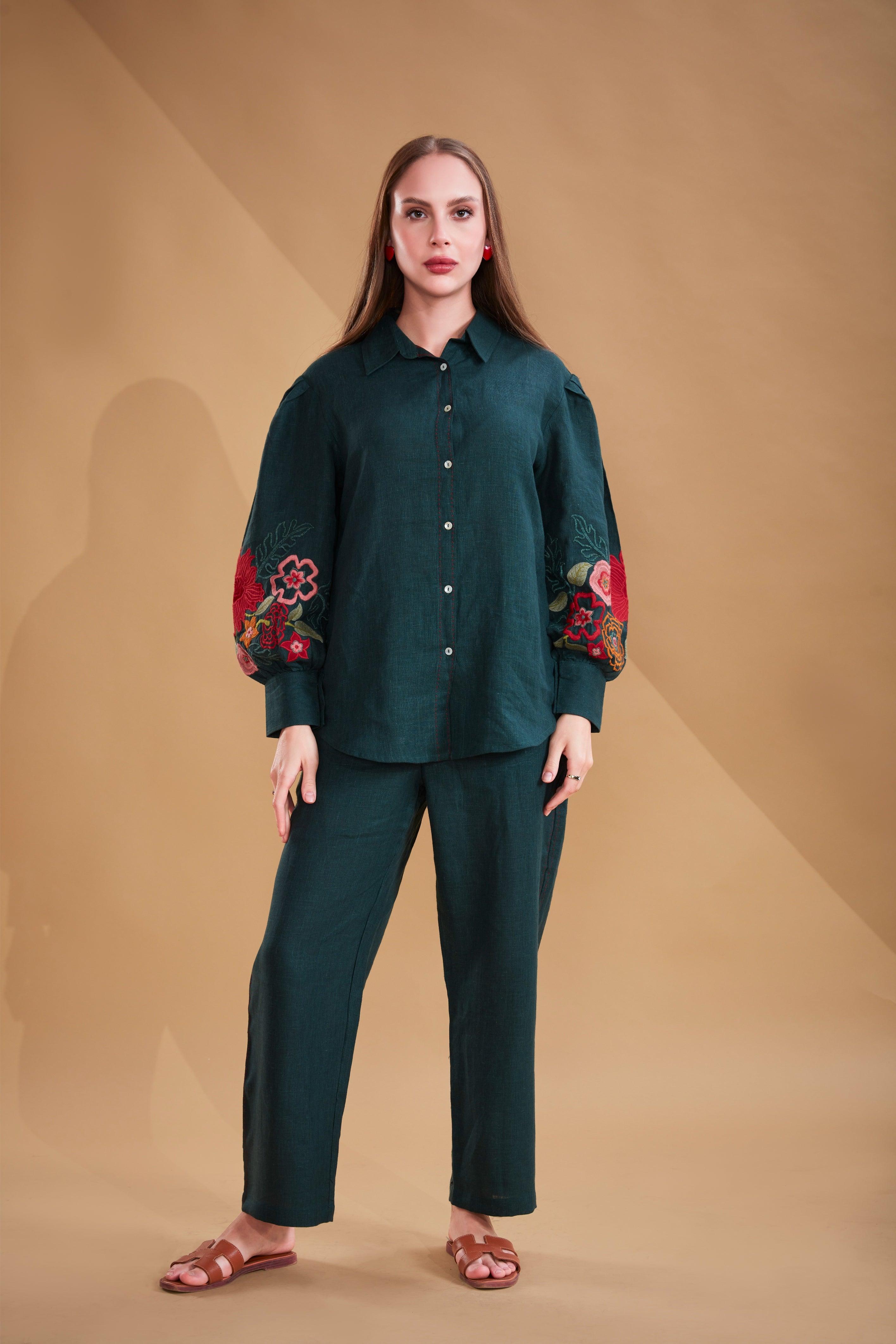 Bottle Green Linen Co-ord Set.