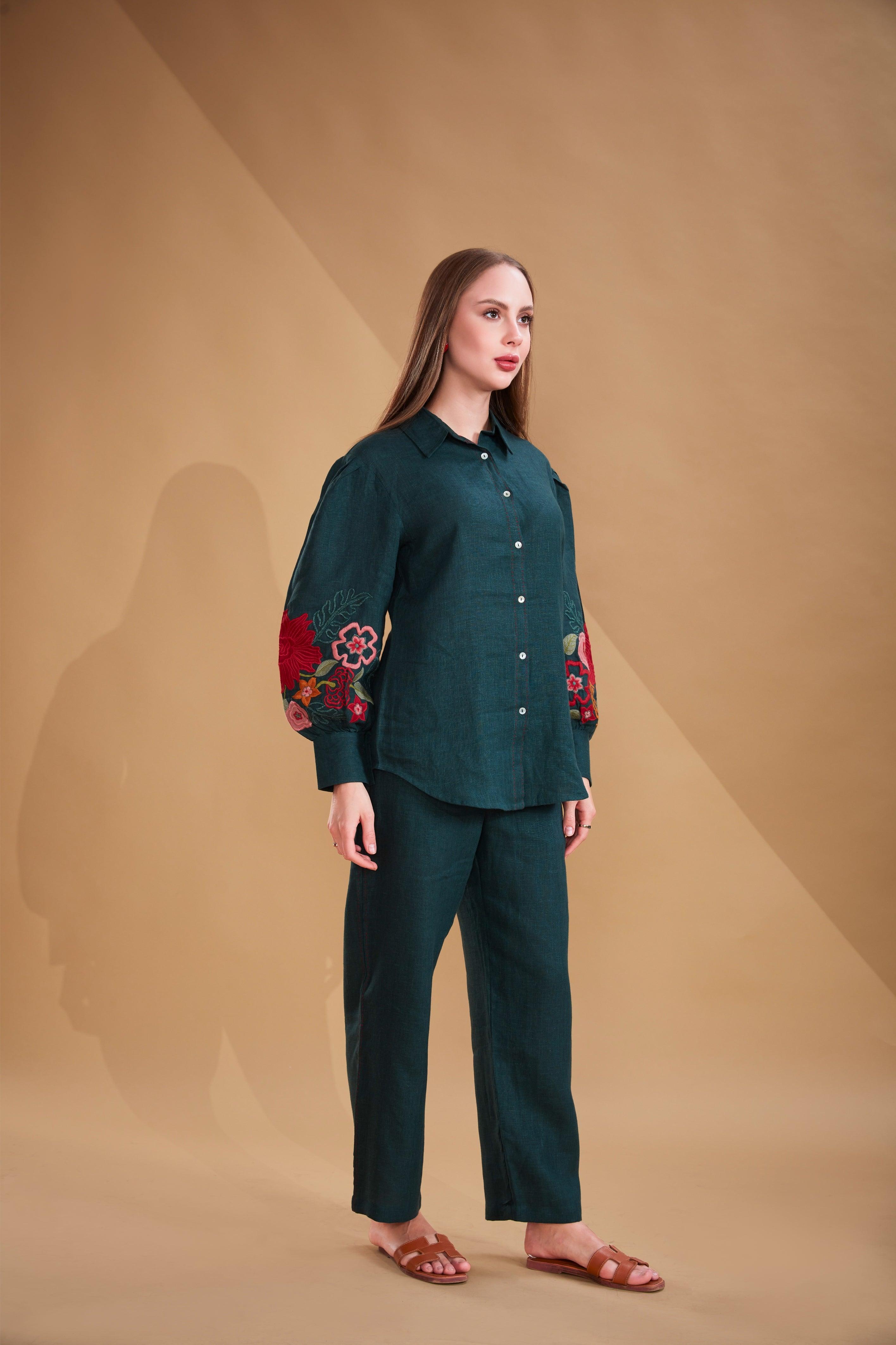 Bottle Green Linen Co-ord Set.