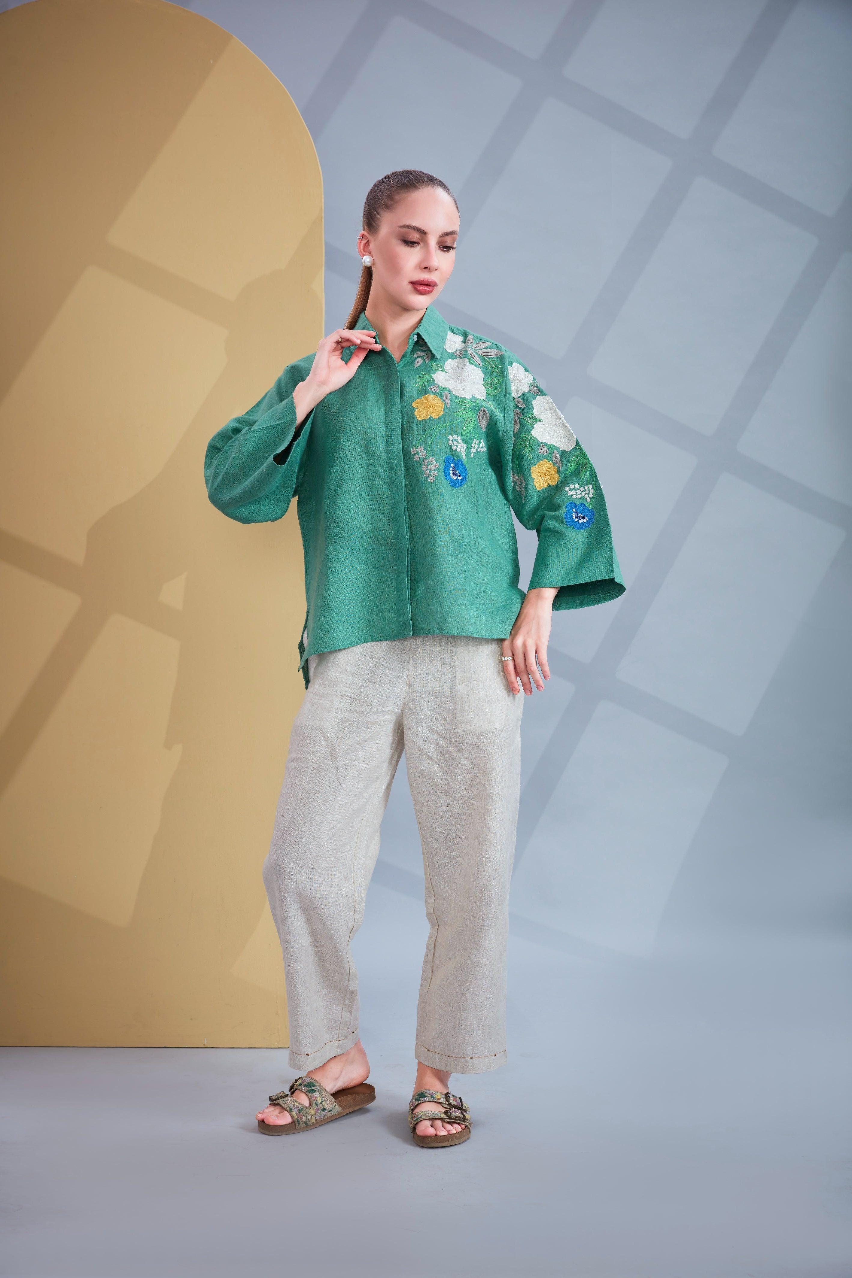 Emerald Green & Beige Linen Co-ord Set.