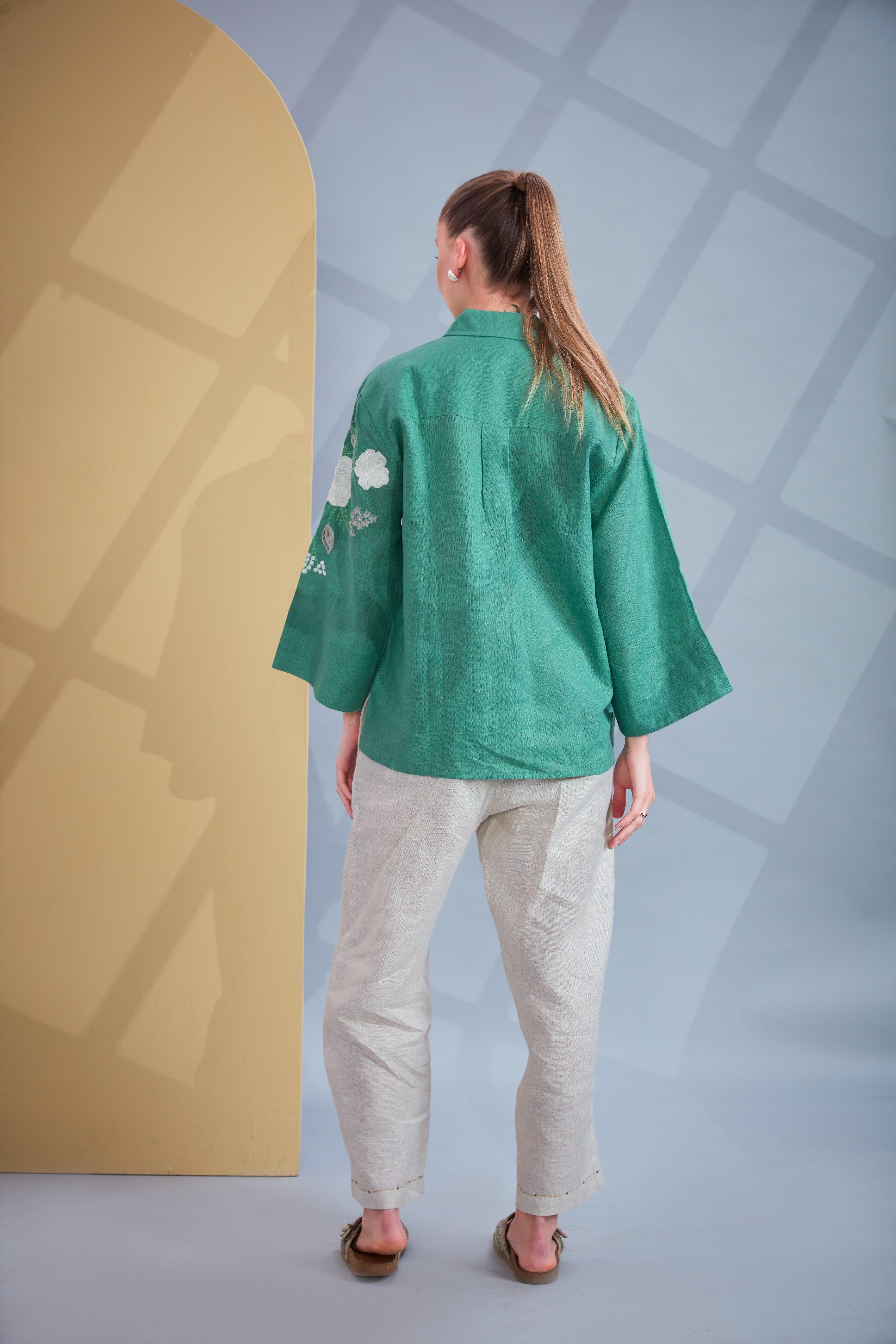 Emerald Green & Beige Linen Co-ord Set.