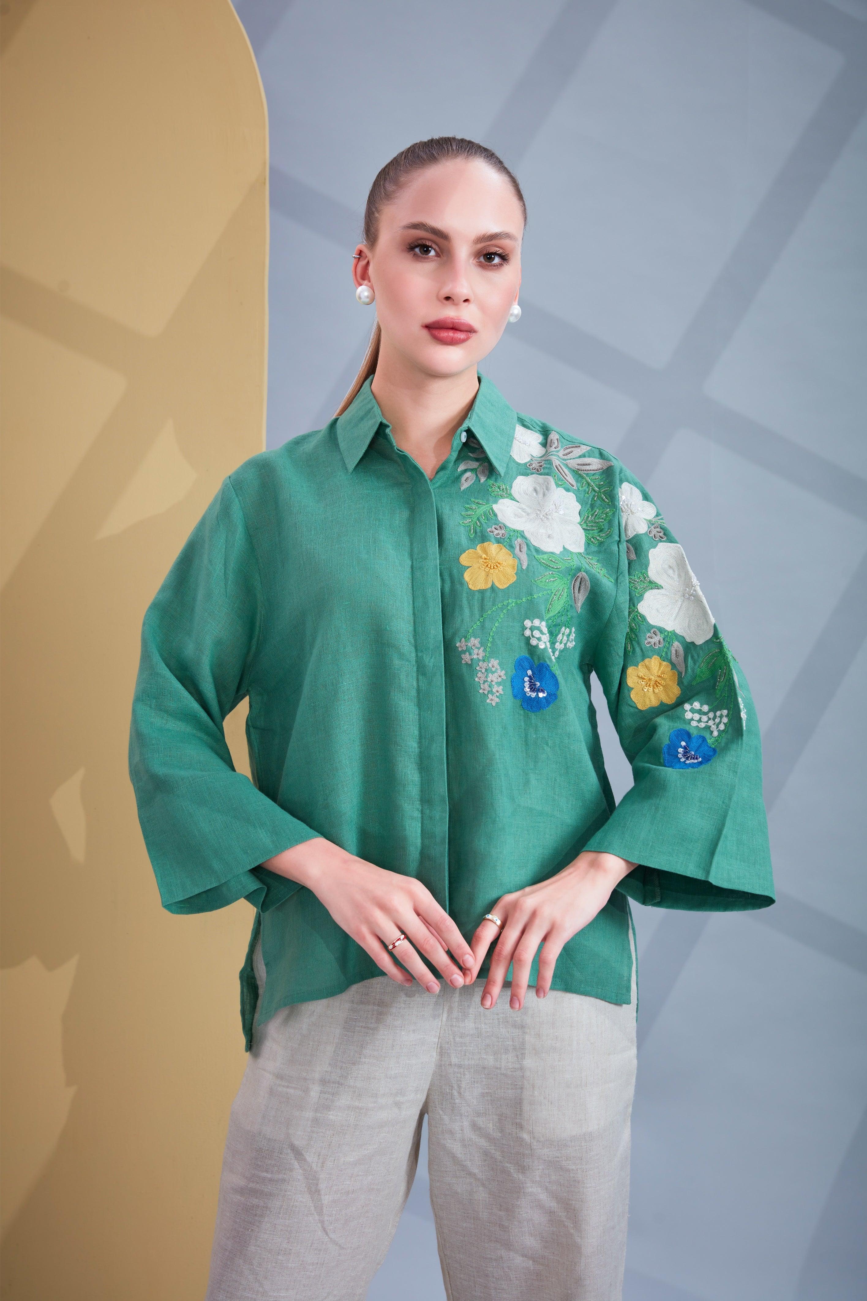 Emerald Green & Beige Linen Co-ord Set.
