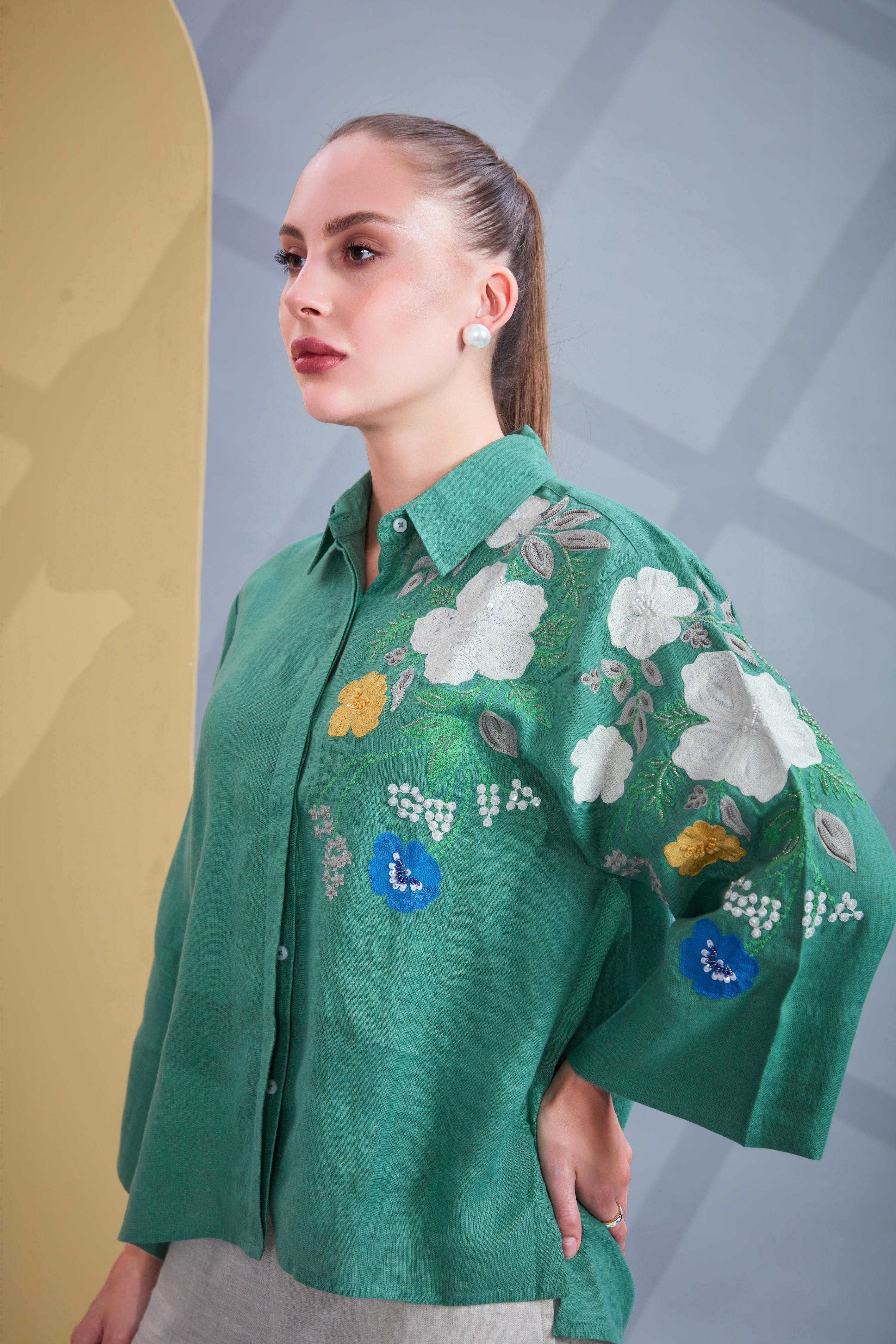 Emerald Green & Beige Linen Co-ord Set.