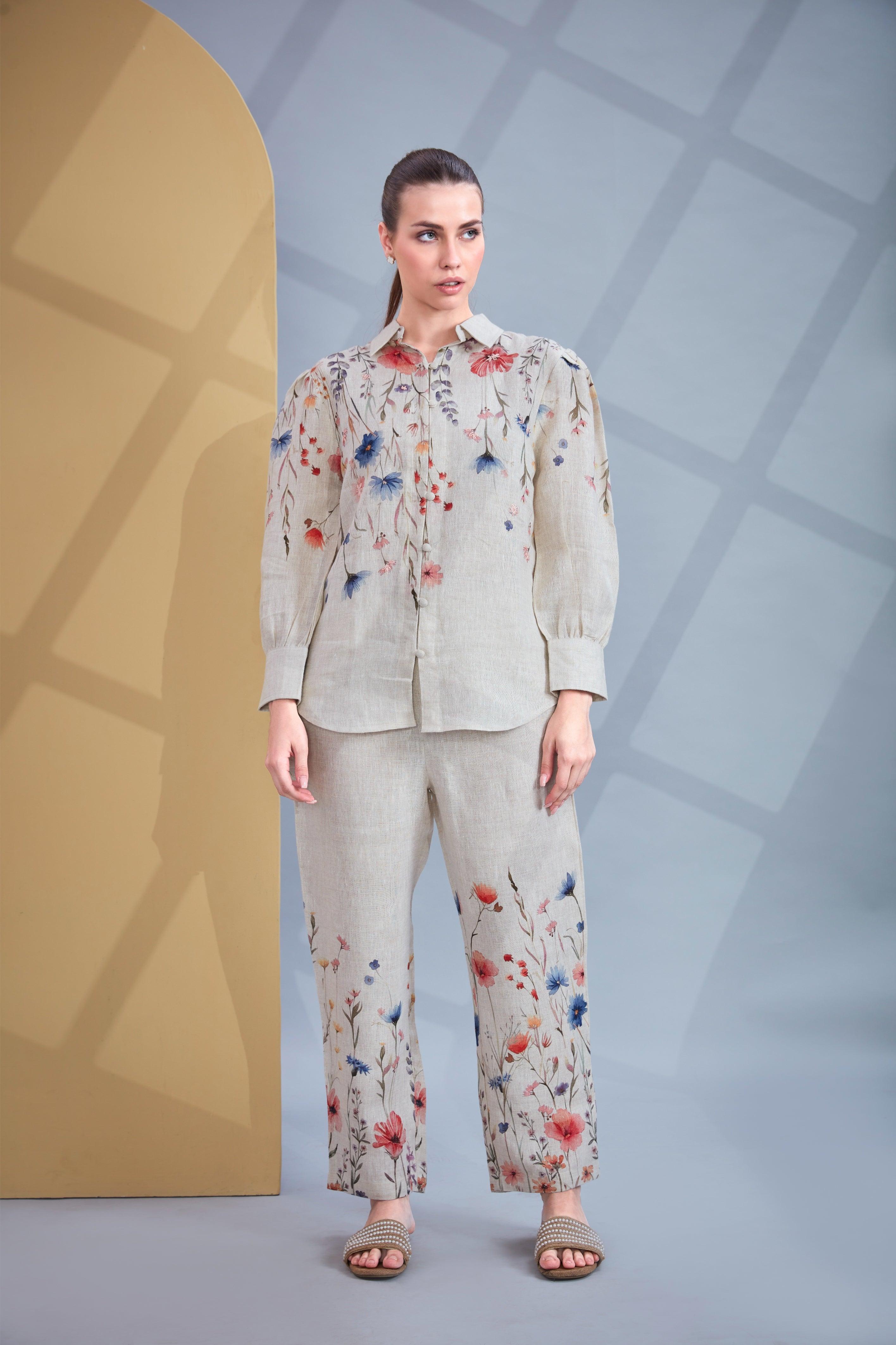 Natural Linen Co-ord Set with Multicolor Floral Print.