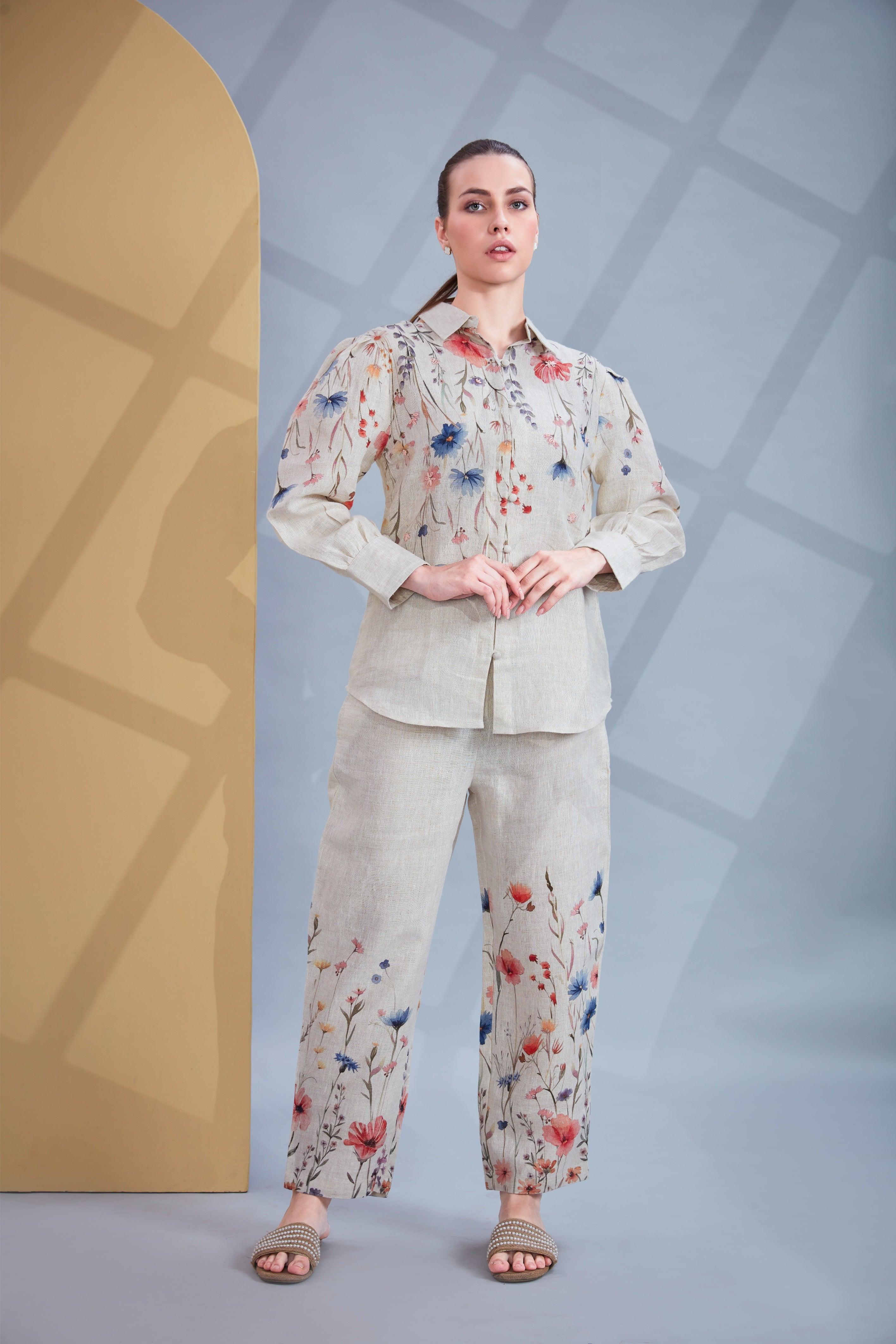 Natural Linen Co-ord Set with Multicolor Floral Print.