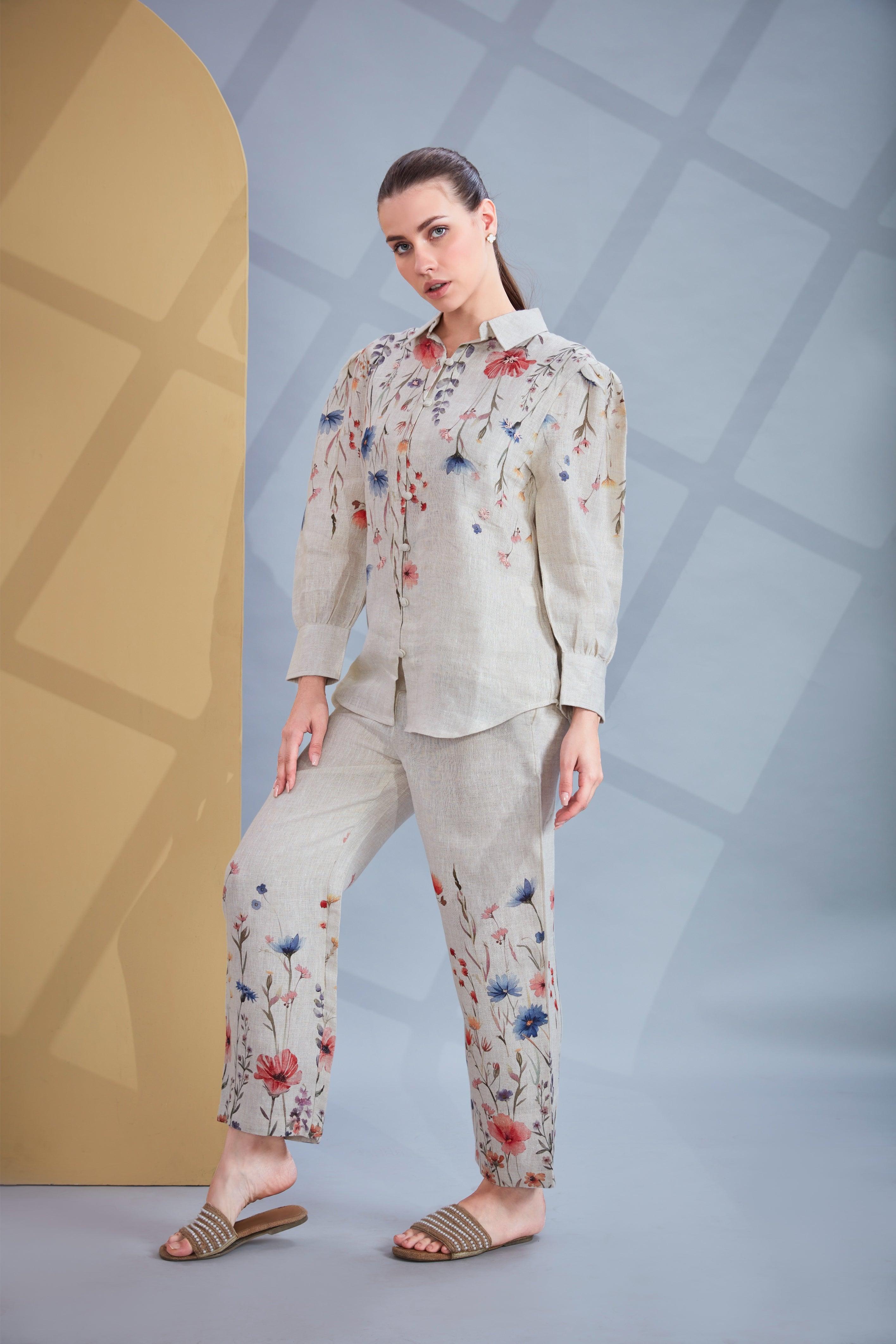 Natural Linen Co-ord Set with Multicolor Floral Print.