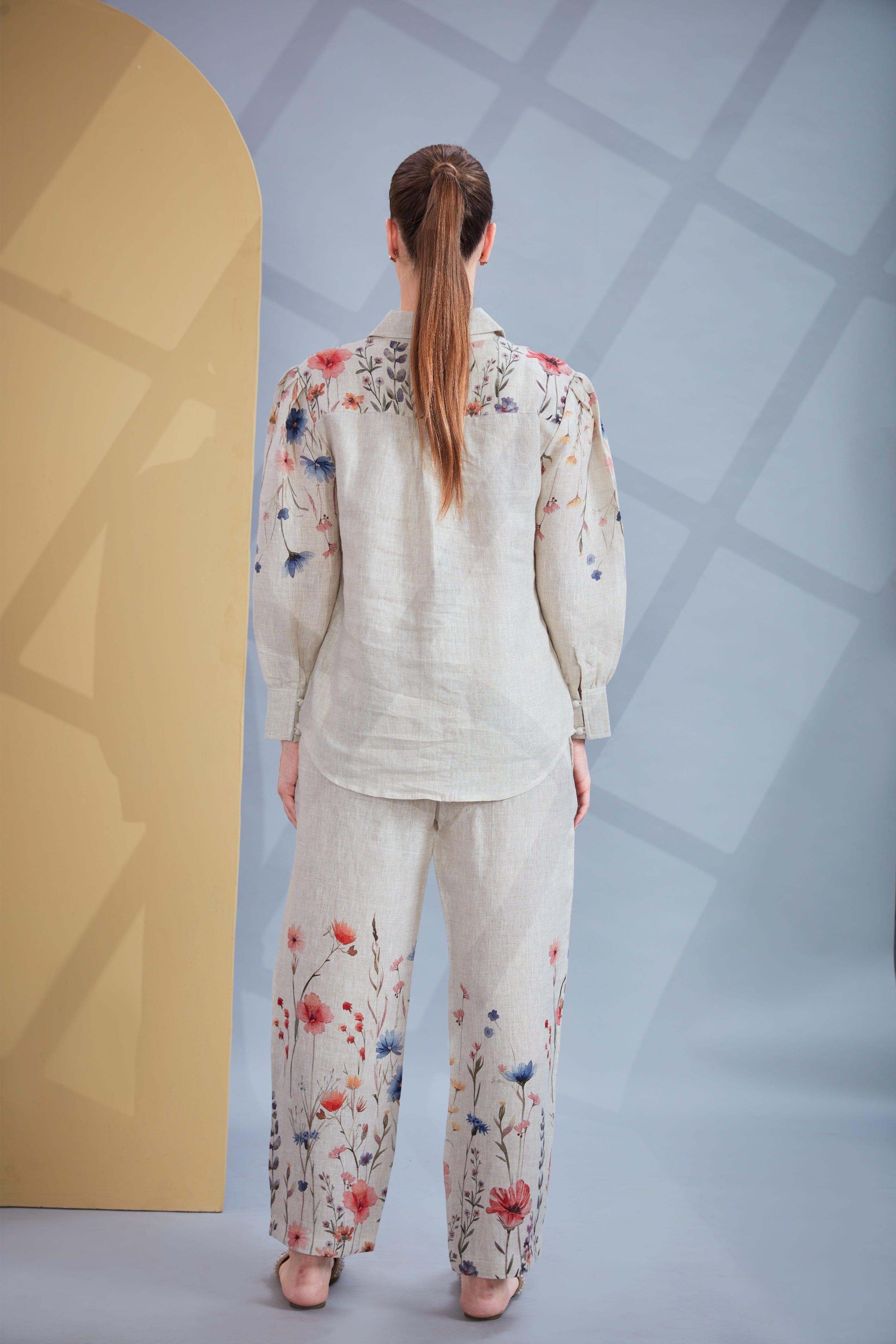 Natural Linen Co-ord Set with Multicolor Floral Print.