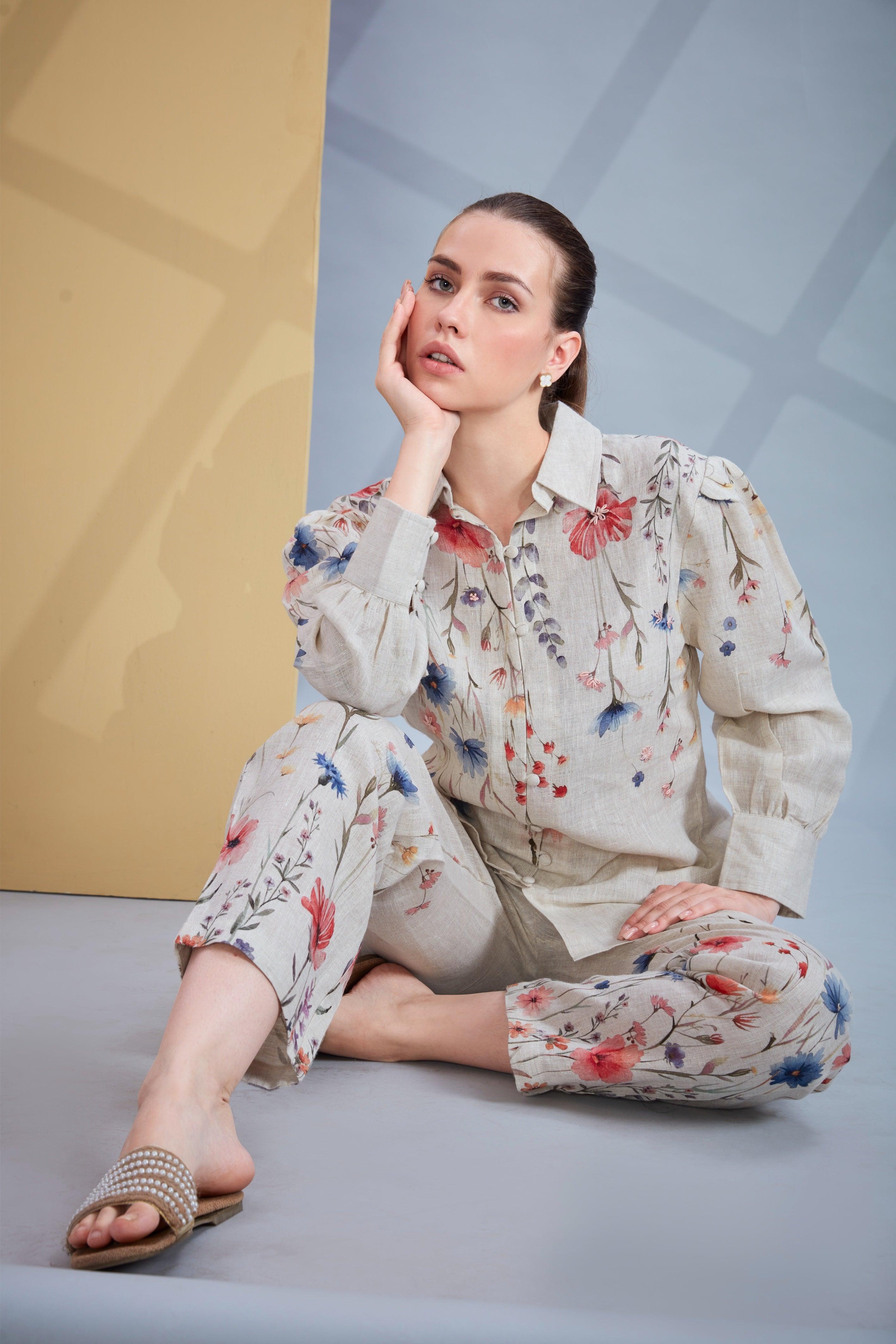 Natural Linen Co-ord Set with Multicolor Floral Print.