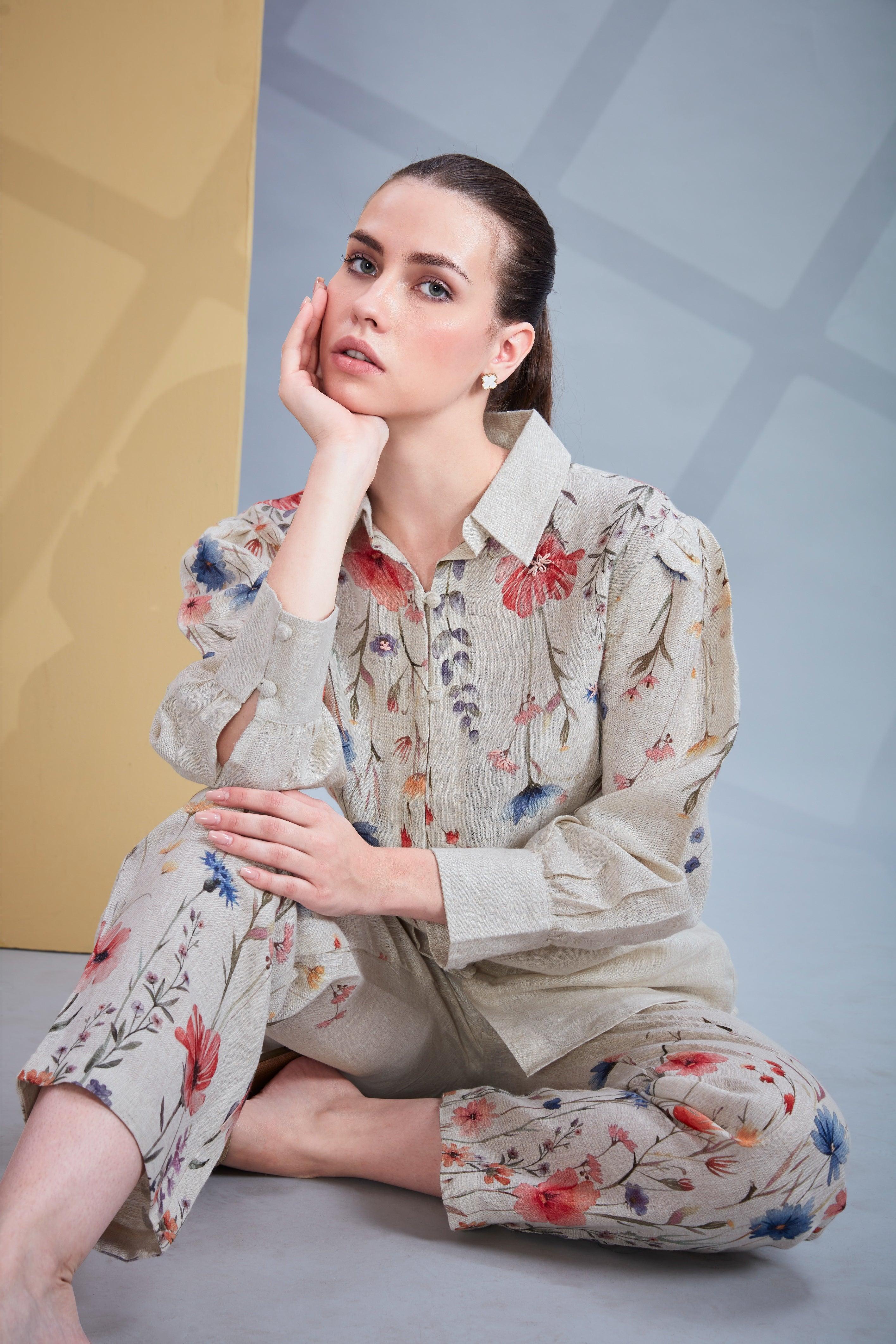 Natural Linen Co-ord Set with Multicolor Floral Print.