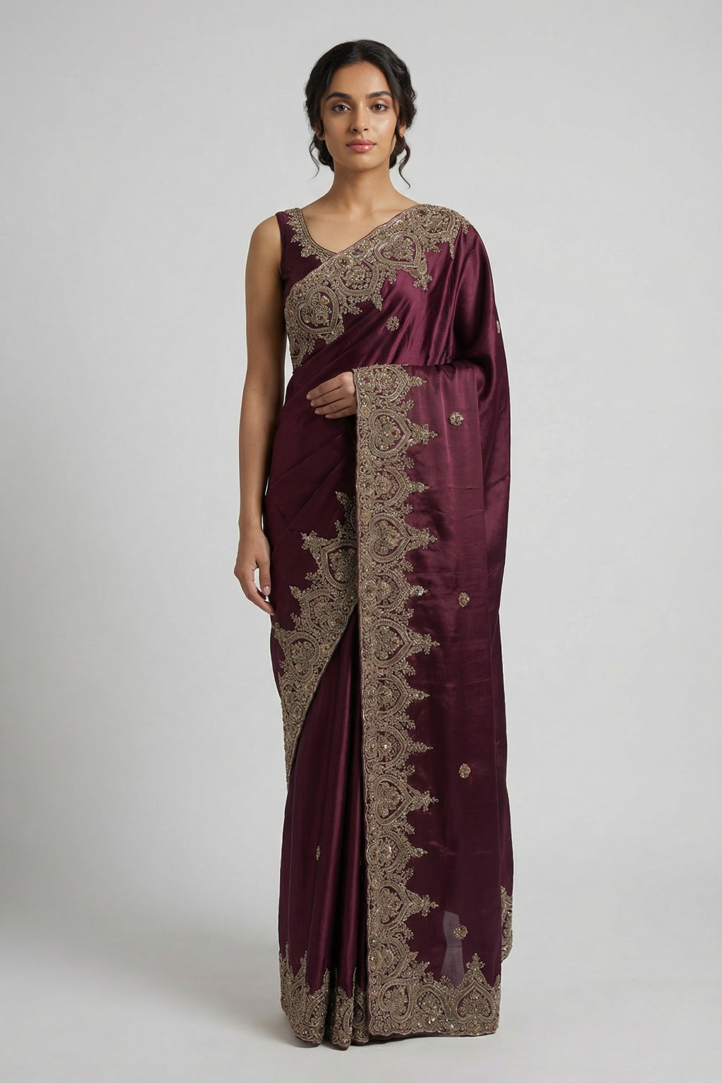 Wine Satin Saree with Zardosi Butta Body & Heavy Zardosi Border - Mokshaa
