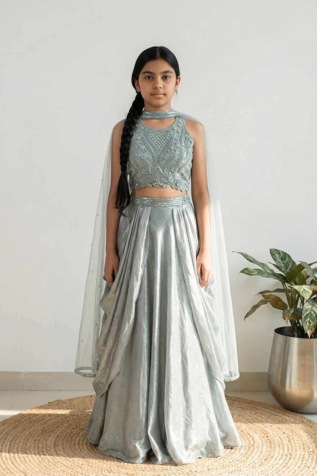 Frost Blue Embroidered Crop Top & Draped Lehenga Set for Girls - Mokshaa