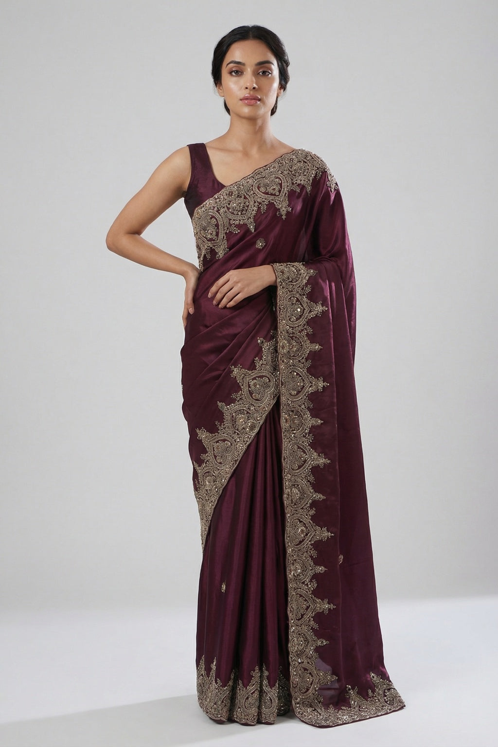 Wine Satin Saree with Zardosi Butta Body & Heavy Zardosi Border