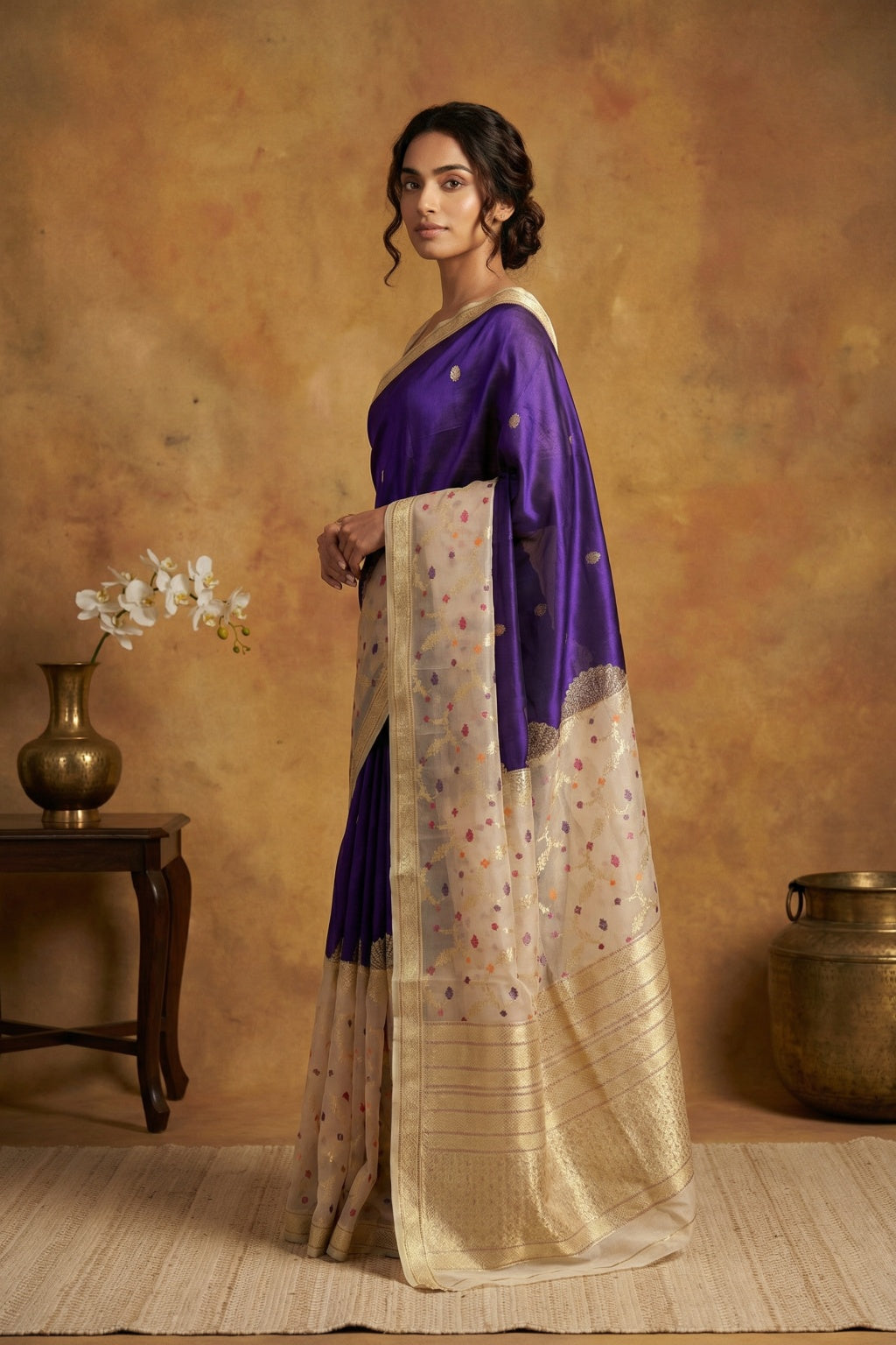 Ink Blue Banarasi Organza Saree with Meenakari Border