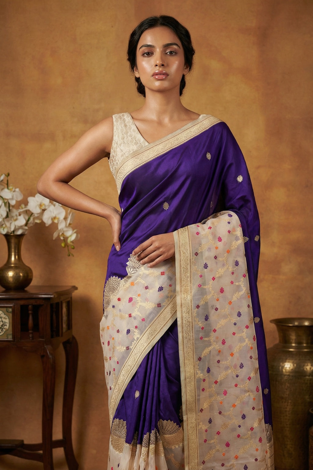 Ink Blue Banarasi Organza Saree with Meenakari Border - Mokshaa